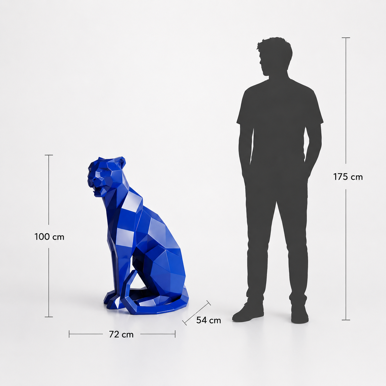 This visual presents the Faceted Sitting Panther Sculpture in real scale, compared to a 175 cm human silhouette. With a height of 100 cm, this panther sculpture creates an elegant, powerful, and distinctly contemporary presence. Its faceted design, inspired by polygonal art and origami style, highlights the refined silhouette and majestic character of the panther, making it an ideal decorative statement piece for villas, hotels, gardens, terraces, showrooms, reception halls, art galleries, and high-end spaces.
