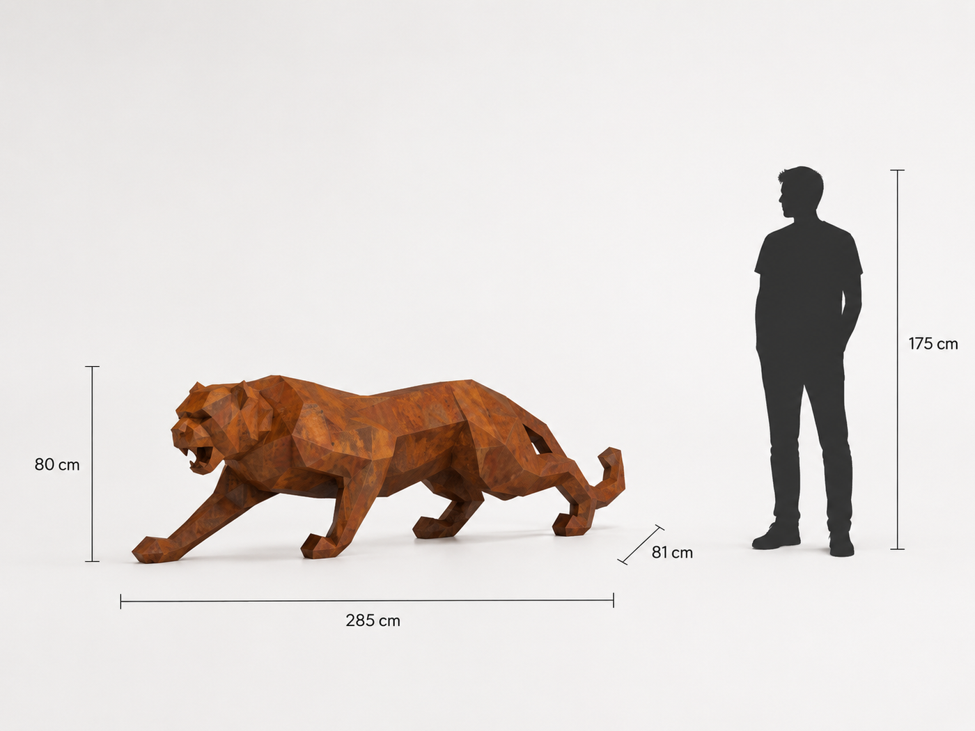 This visual presents the Large Geometric Design Panther Statue in real scale, compared to a 175 cm human silhouette. With a height of 80 cm, this panther sculpture creates an elegant, modern, and expressive presence. Its faceted geometric design, inspired by polygonal art and origami style, highlights the powerful and refined character of the panther, making it an ideal decorative piece for living rooms, offices, reception halls, showrooms, design boutiques, art galleries, and high-end interior spaces.