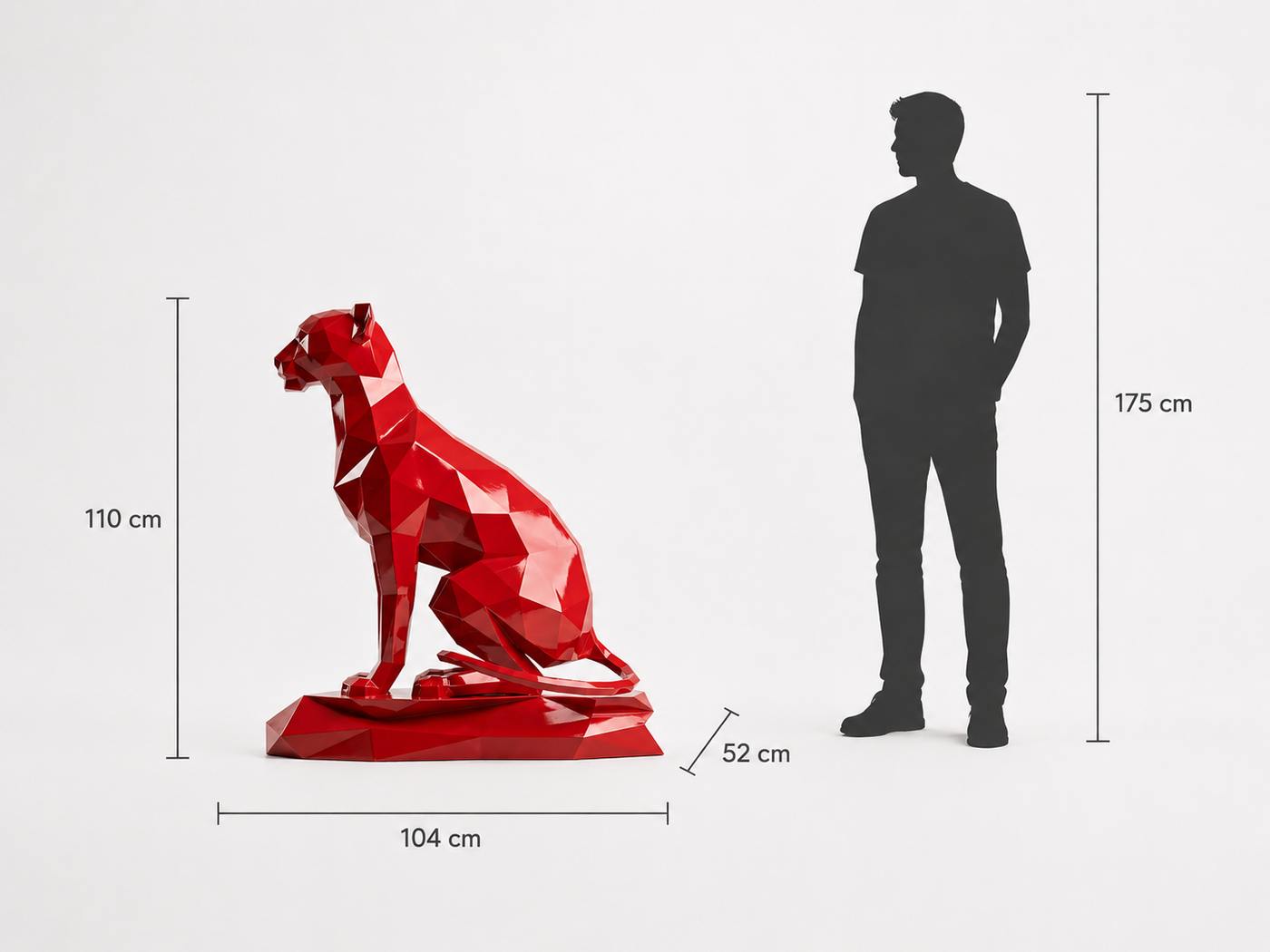 This visual presents the Large Sitting Origami Cheetah Sculpture in real scale, compared to a 175 cm human silhouette. With a height of 110 cm, this cheetah sculpture creates an elegant, refined, and distinctly contemporary presence. Its faceted design, inspired by origami art and polygonal style, highlights the seated posture and majestic character of the cheetah, making it an ideal decorative statement piece for villas, hotels, gardens, terraces, showrooms, reception halls, art galleries, and high-end spaces.