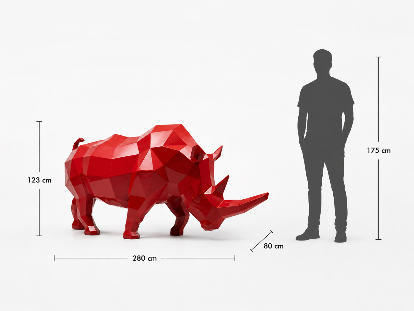 This visual presents the Large Faceted Geometric Rhinoceros Sculpture in real scale, compared to a 175 cm human silhouette. With a height of 123 cm, this rhinoceros sculpture creates a powerful, original, and distinctly contemporary presence. Its faceted geometric design, inspired by polygonal art and origami style, highlights the rhinoceros’s strength, stability, and imposing character, making it an ideal decorative statement piece for villas, hotels, gardens, terraces, showrooms, reception halls, art galleries, and high-end spaces.
