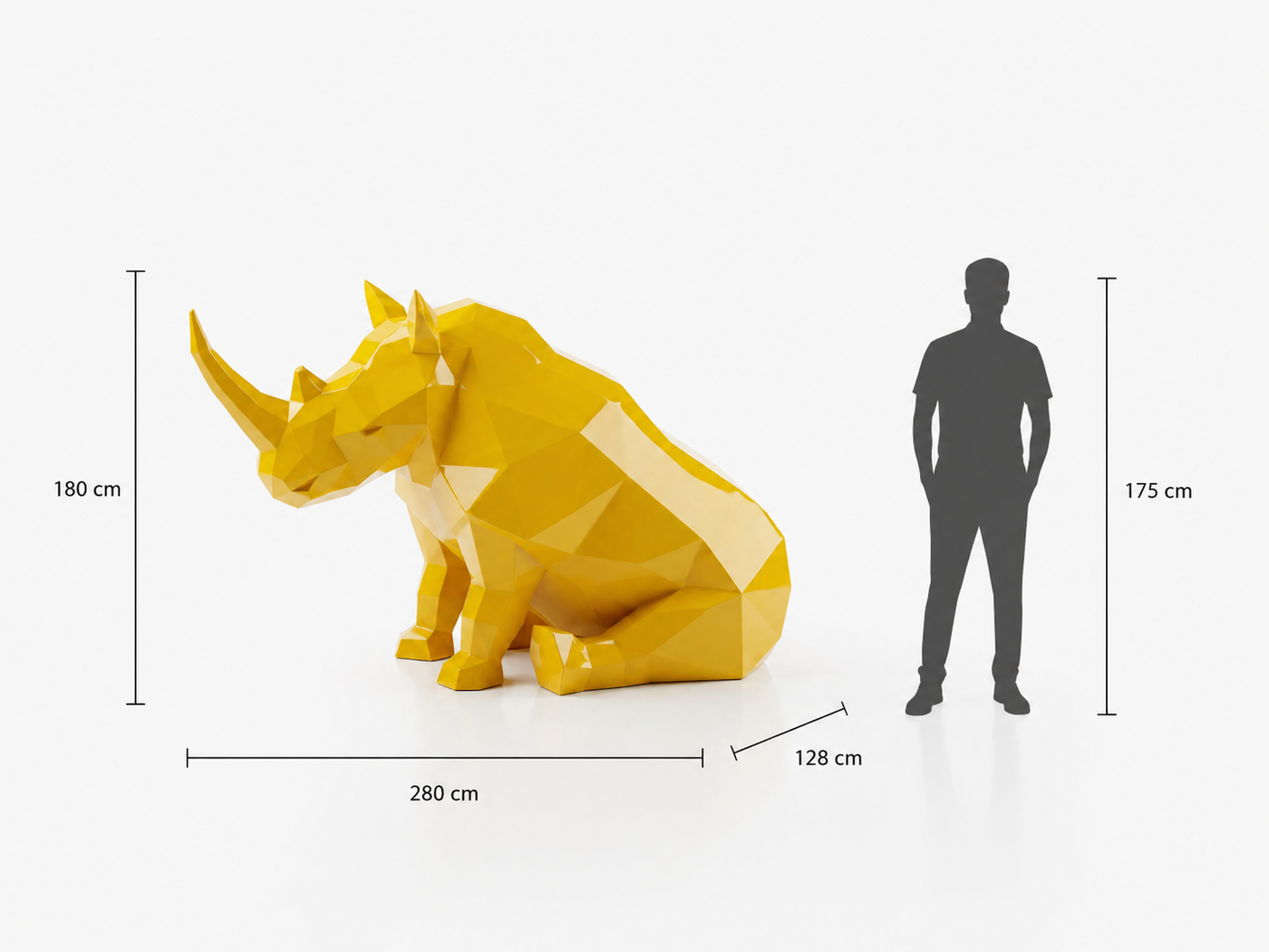 This visual presents the Large Contemporary Rhinoceros Sculpture in real scale, compared to a 175 cm human silhouette. With a height of 180 cm, this monumental rhinoceros sculpture creates a powerful, stable, and distinctly modern presence. Its contemporary sculptural design highlights the rhinoceros’s strength, robustness, and imposing character, making it an ideal decorative statement piece for villas, hotels, gardens, showrooms, reception halls, art galleries, landscaped spaces, and premium entrances.