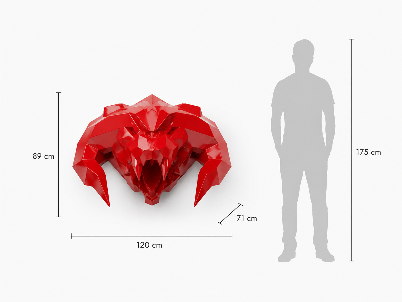This visual presents the Faceted Balrog Head Sculpture in real scale, compared to a 175 cm human silhouette. With a height of 89 cm, this decorative sculpture creates a powerful, mysterious, and distinctly contemporary presence. Its faceted design, inspired by polygonal art and origami style, highlights a dark fantasy and sculptural aesthetic, making it an ideal piece for living rooms, offices, reception halls, showrooms, gaming spaces, art galleries, and high-end interior decoration.