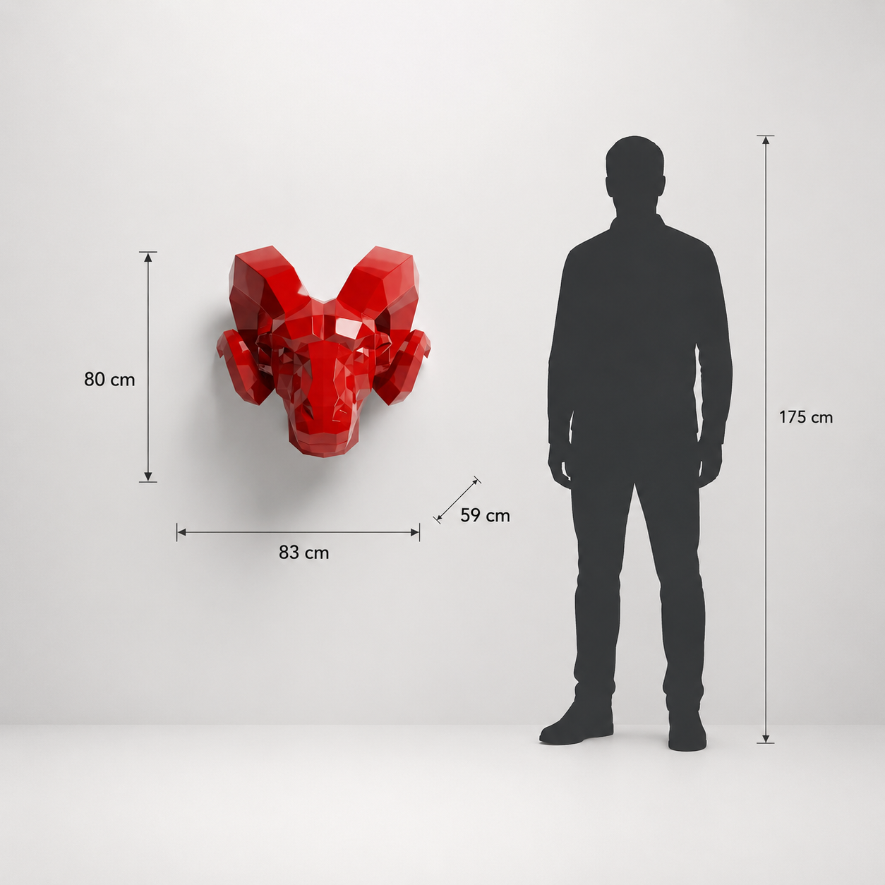 This visual presents the Polygon Goat Head Sculpture in real scale, compared to a 175 cm human silhouette. With a height of 80 cm, this decorative sculpture creates a powerful, original, and distinctly contemporary presence. Its faceted polygonal design, inspired by geometric art and origami style, highlights the goat’s bold character and symbolic strength, making it an ideal piece for living rooms, offices, reception halls, showrooms, hotels, art galleries, and high-end interior spaces.