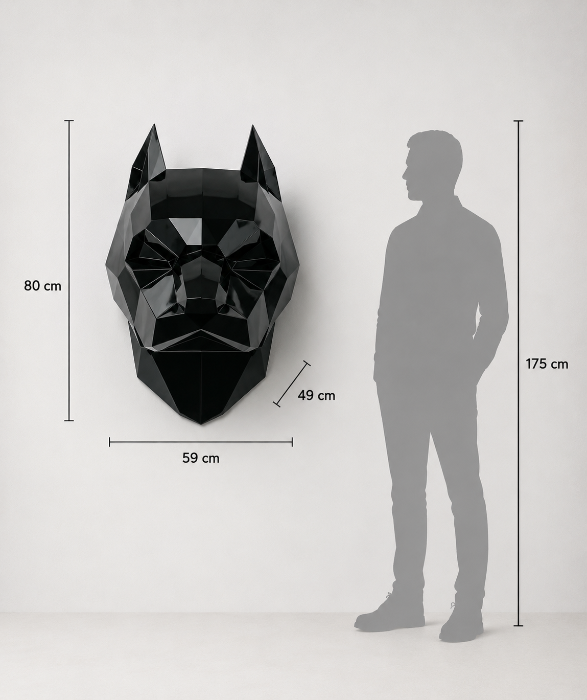 This visual presents the Geometric Pitbull Head Sculpture in real scale, compared to a 175 cm human silhouette. With a height of 80 cm, this decorative sculpture creates a powerful, modern, and expressive presence. Its faceted geometric design, inspired by polygonal art and origami style, highlights the Pitbull’s strong build, confident expression, and bold character, making it an ideal piece for living rooms, offices, reception halls, showrooms, hotels, art galleries, and high-end interior spaces.