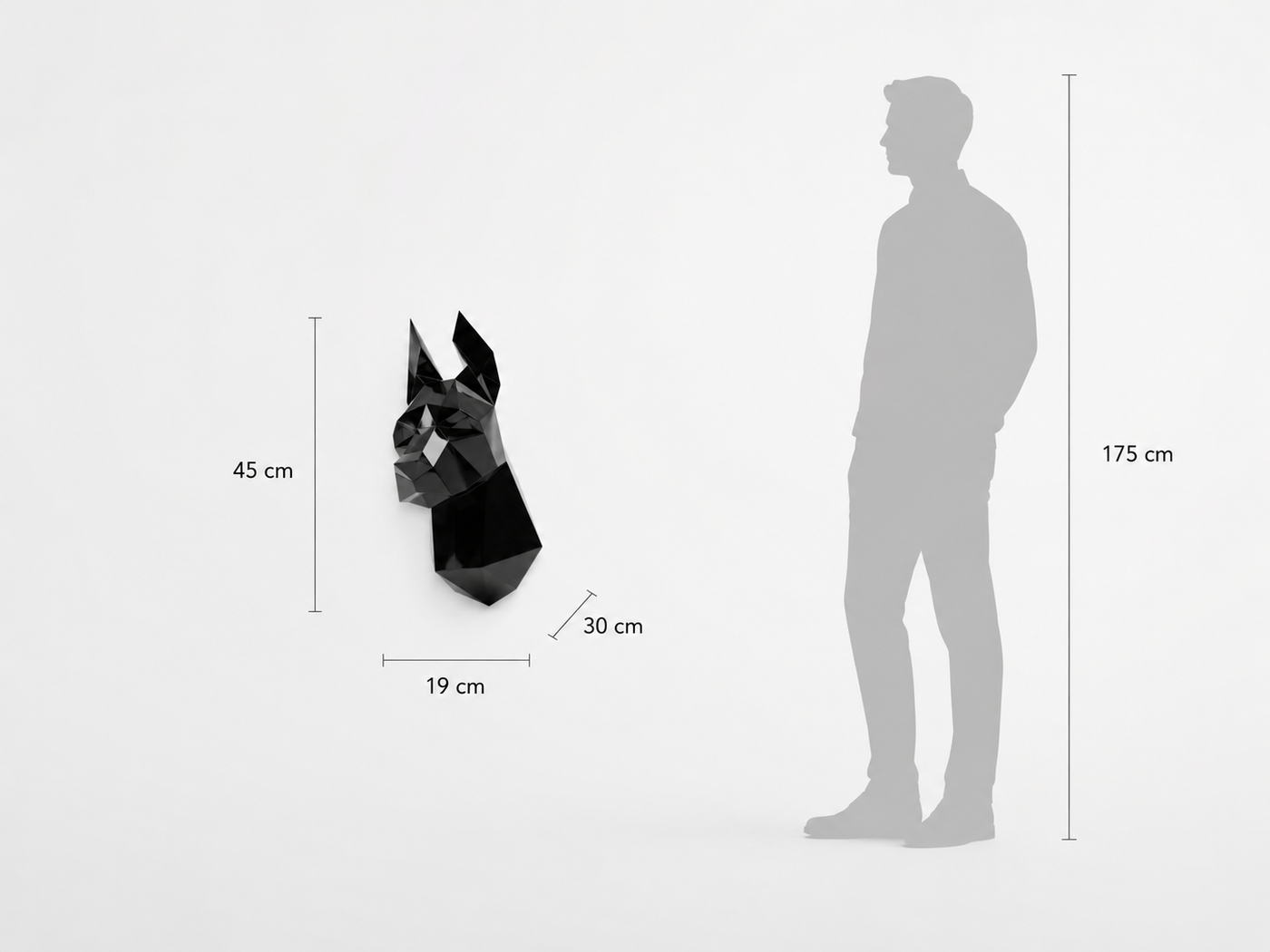 This visual presents the Faceted Wall-Mounted Doberman Head Sculpture in real scale, compared to a 175 cm human silhouette. With a height of 45 cm, this decorative wall sculpture creates an elegant, modern, and confident presence. Its faceted design, inspired by polygonal art and origami style, highlights the Doberman’s proud character, alert expression, and protective presence, making it an ideal piece for living rooms, offices, reception halls, showrooms, design boutiques, hotels, art galleries, and high-end interior spaces.
