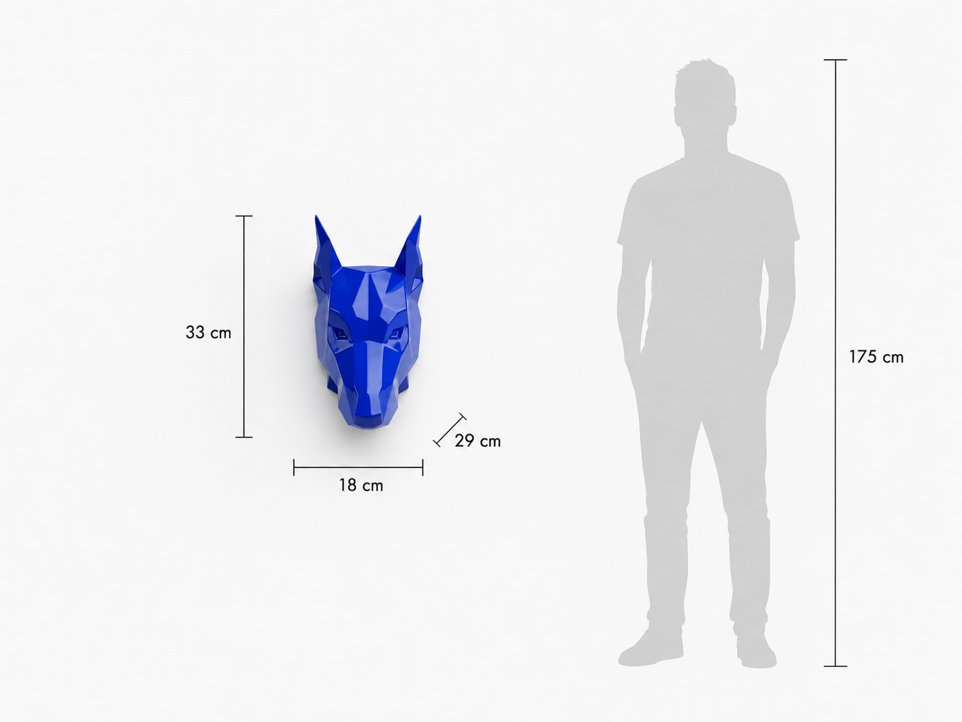 This visual presents the Faceted Guard Dog Head Sculpture in real scale, compared to a 175 cm human silhouette. With a height of 33 cm, this decorative wall sculpture creates a modern, expressive, and characterful presence. Its faceted design, inspired by polygonal art and origami style, highlights the guard dog’s alert and protective character, making it an ideal piece for living rooms, offices, reception halls, showrooms, design boutiques, hotels, art galleries, and high-end interior spaces.