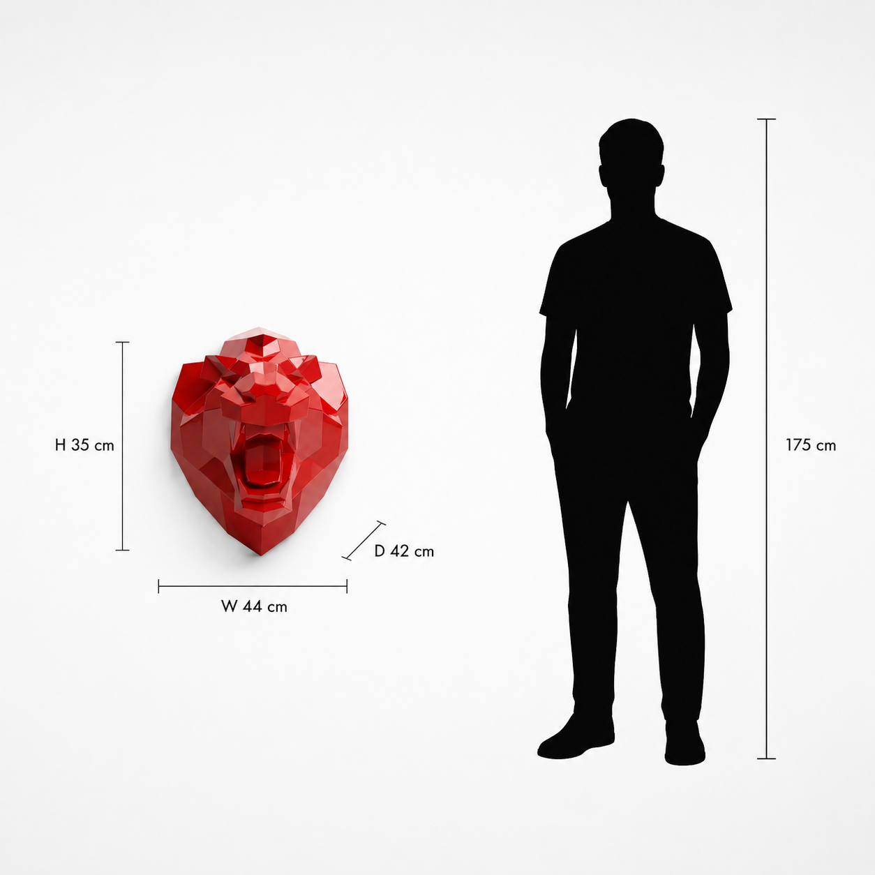 This visual presents the Faceted Roaring Lion Head Sculpture in real scale, compared to a 175 cm human silhouette. With a height of 60 cm, this decorative wall sculpture creates a powerful, expressive, and contemporary presence. Its faceted design, inspired by polygonal art and origami style, highlights the symbolic strength and majestic character of the roaring lion, making it an ideal piece for living rooms, offices, reception halls, showrooms, hotels, art galleries, and high-end interior spaces.