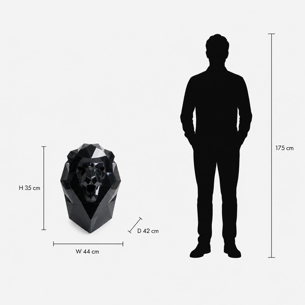 This visual presents the Faceted Wall-Mounted Lion Head Sculpture in real scale, compared to a 175 cm human silhouette. With a height of 70 cm, this decorative wall sculpture creates a powerful, elegant, and distinctly contemporary presence. Its faceted design, inspired by polygonal art and origami style, highlights the lion’s majestic character and symbolic strength, making it an ideal piece for living rooms, offices, reception halls, showrooms, hotels, art galleries, and high-end interior spaces.