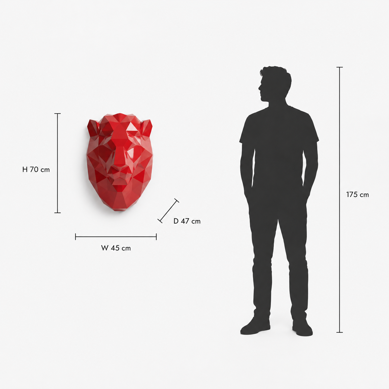 This visual presents the Geometric Lion Head Sculpture in real scale, compared to a 175 cm human silhouette. With a height of 70 cm, this decorative sculpture creates a powerful, elegant, and distinctly contemporary presence. Its faceted geometric design, inspired by polygonal art and origami style, highlights the lion’s majestic character and symbolic strength, making it an ideal piece for living rooms, offices, reception halls, showrooms, hotels, art galleries, and high-end interior spaces.