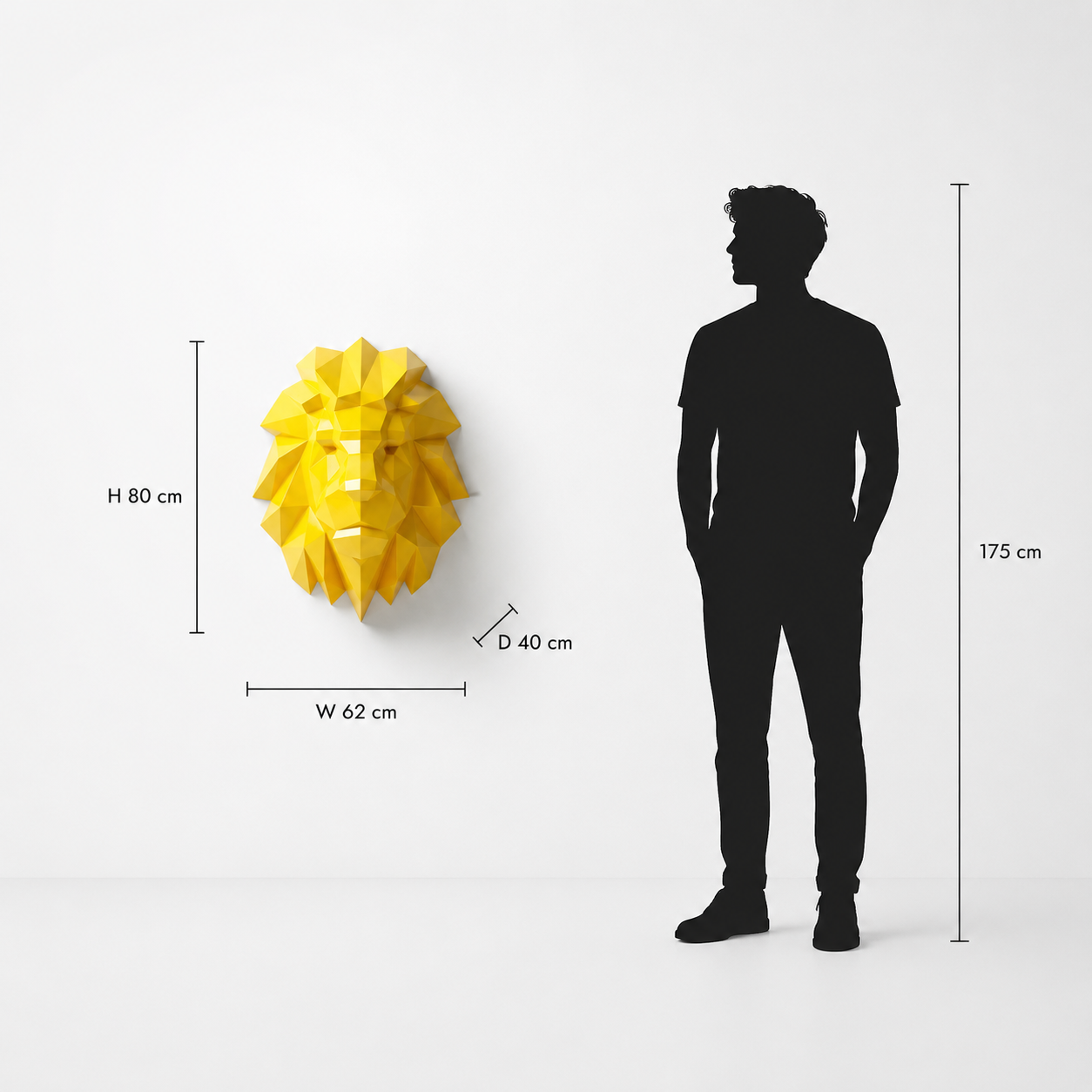 This visual presents the Polygon Lion Head Sculpture in real scale, compared to a 175 cm human silhouette. With a height of 80 cm, this decorative sculpture creates a powerful, elegant, and distinctly contemporary presence. Its faceted polygonal design, inspired by geometric art and origami style, highlights the lion’s majestic character and symbolic strength, making it an ideal piece for living rooms, offices, reception halls, showrooms, hotels, art galleries, and high-end interior spaces.