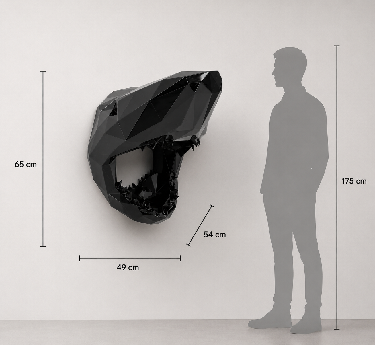 This visual presents the Wall-Mounted Shark Head Sculpture in real scale, compared to a 175 cm human silhouette. With a height of 65 cm, this decorative wall sculpture creates a bold, modern, and characterful presence. Its sculptural design highlights the shark’s power, movement, and energy, making it an ideal piece for living rooms, offices, reception halls, showrooms, hotels, restaurants, art galleries, and high-end interior spaces.