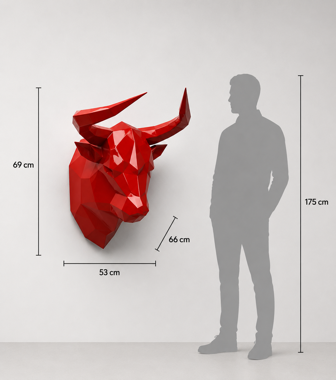 This visual presents the Faceted Bull Head Sculpture in real scale, compared to a 175 cm human silhouette. With a height of 69 cm, this decorative sculpture creates a powerful, elegant, and distinctly contemporary presence. Its faceted design, inspired by polygonal art and origami style, highlights the bull’s strength, determination, and symbolic character, making it an ideal piece for living rooms, offices, reception halls, showrooms, hotels, restaurants, art galleries, and high-end interior spaces.