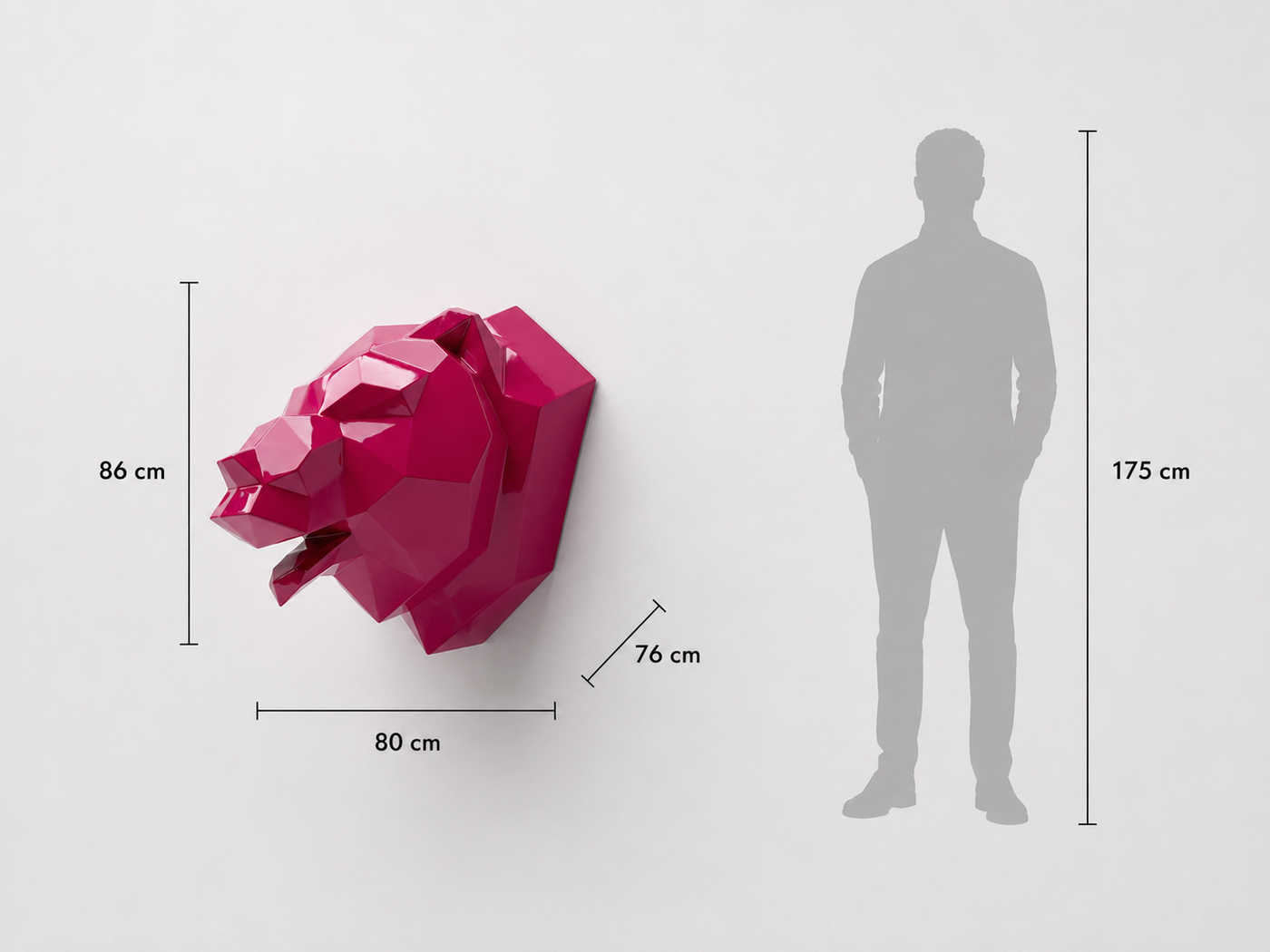 This visual presents the Faceted Wall-Mounted Bear Head Sculpture in real scale, compared to a 175 cm human silhouette. With a height of 86 cm, this decorative wall sculpture creates a powerful, warm, and distinctly contemporary presence. Its faceted design, inspired by polygonal art and origami style, highlights the bear’s strength, stability, and wild character, making it an ideal piece for living rooms, offices, reception halls, showrooms, hotels, chalets, art galleries, and high-end interior spaces.