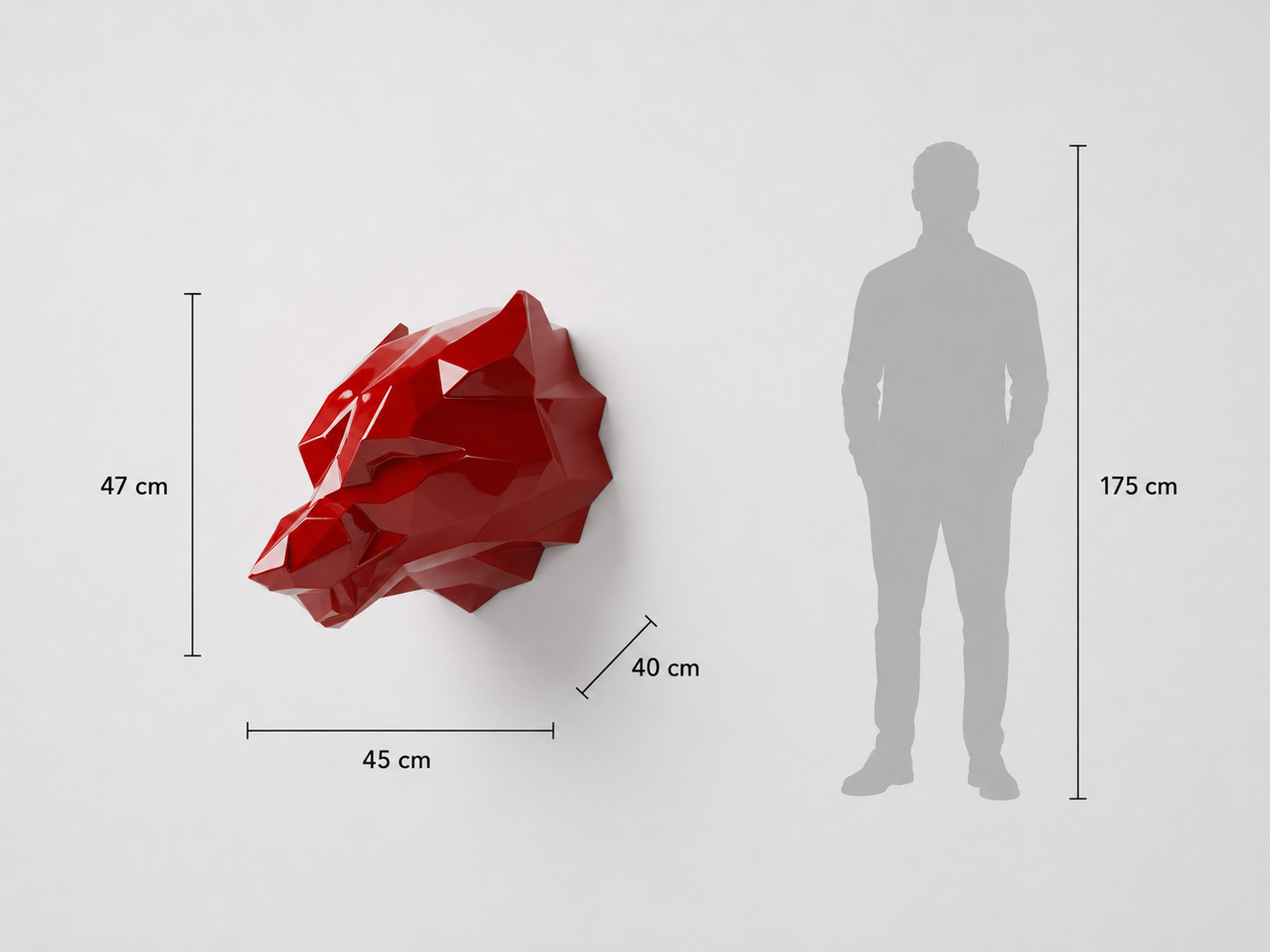 This visual presents the Faceted Bear Head Sculpture in real scale, compared to a 175 cm human silhouette. With a height of 47 cm, this decorative sculpture creates a strong, warm, and contemporary presence. Its faceted design, inspired by polygonal art and origami style, highlights the bear’s power, stability, and wild character, making it an ideal piece for living rooms, offices, reception halls, showrooms, hotels, chalets, art galleries, and high-end interior spaces.