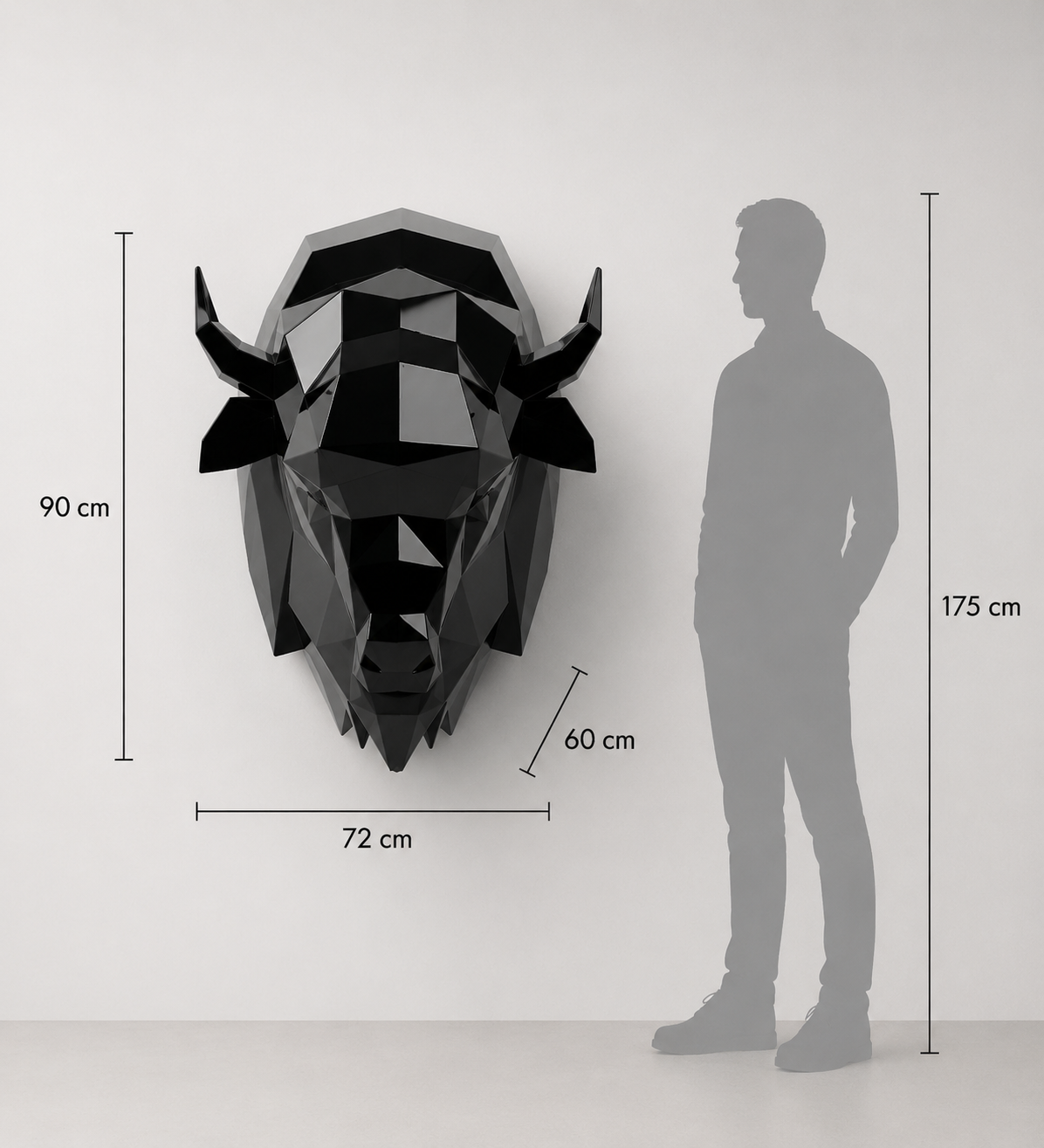 This visual presents the Origami Bison Head Sculpture in real scale, compared to a 175 cm human silhouette. With a height of 90 cm, this decorative sculpture creates a powerful, authentic, and distinctly contemporary presence. Its faceted design, inspired by origami art and polygonal style, highlights the bison’s strength, stability, and wild character, making it an ideal piece for living rooms, offices, reception halls, showrooms, hotels, chalets, art galleries, and high-end interior spaces.