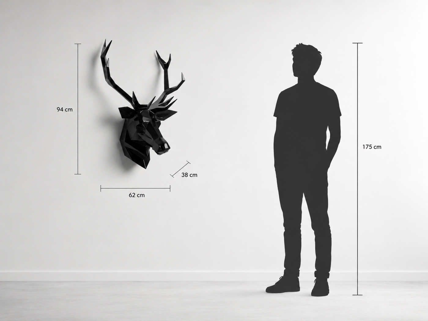 This visual presents the Faceted Wall-Mounted Deer Head Sculpture in real scale, compared to a 175 cm human silhouette. With a height of 94 cm, this decorative wall sculpture creates an elegant, majestic, and distinctly contemporary presence. Its faceted design, inspired by polygonal art and origami style, highlights the noble character of the deer, making it an ideal piece for living rooms, offices, reception halls, showrooms, hotels, art galleries, and high-end interior spaces.