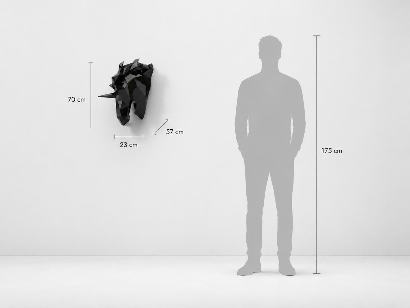 This visual presents the Faceted Wall-Mounted Unicorn Head Sculpture in real scale, compared to a 175 cm human silhouette. With a height of 70 cm, this decorative wall sculpture creates an elegant, magical, and distinctly contemporary presence. Its faceted design, inspired by polygonal art and origami style, highlights the unicorn’s graceful and imaginative character, making it an ideal piece for living rooms, bedrooms, offices, reception halls, showrooms, design boutiques, hotels, and high-end interior spaces.