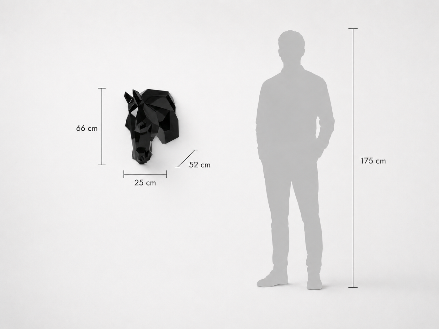 This visual presents the Faceted Wall-Mounted Horse Head Sculpture in real scale, compared to a 175 cm human silhouette. With a height of 66 cm, this decorative wall sculpture creates an elegant, refined, and contemporary presence. Its faceted design, inspired by polygonal art and origami style, highlights the horse’s noble character and symbolic strength, making it an ideal piece for living rooms, offices, reception halls, showrooms, hotels, art galleries, and high-end interior spaces.