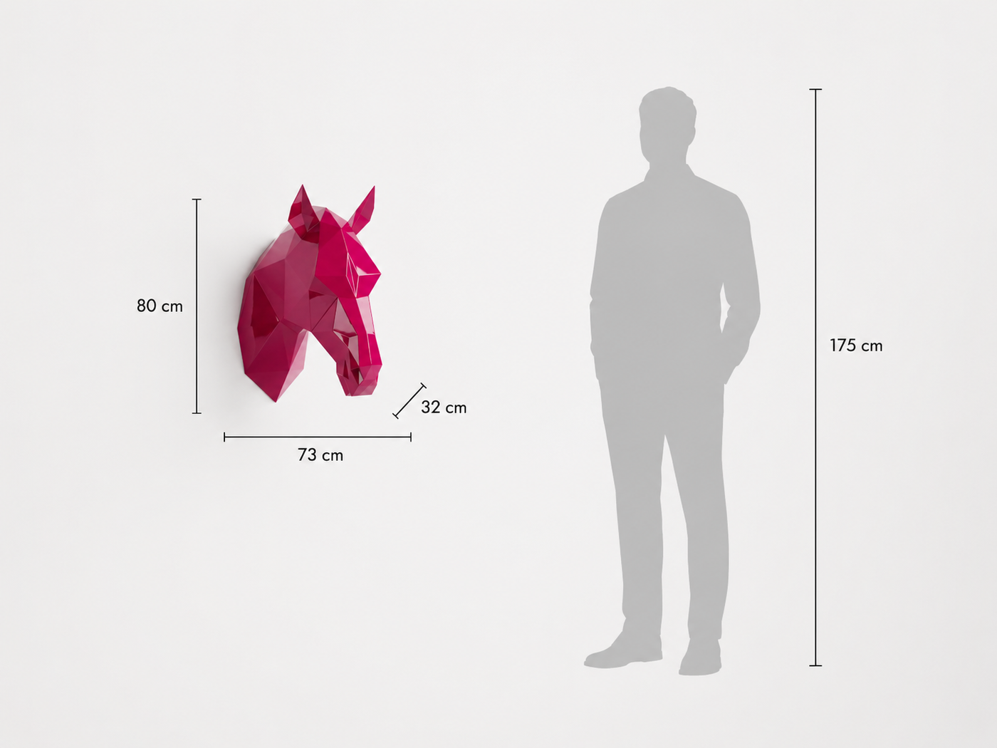 This visual presents the Faceted Wall-Mounted Horse Head Sculpture in real scale, compared to a 175 cm human silhouette. With a height of 80 cm, this decorative wall sculpture creates an elegant, refined, and contemporary presence. Its faceted design, inspired by polygonal art and origami style, highlights the horse’s noble character and symbolic strength, making it an ideal piece for living rooms, offices, reception halls, showrooms, hotels, art galleries, and high-end interior spaces.