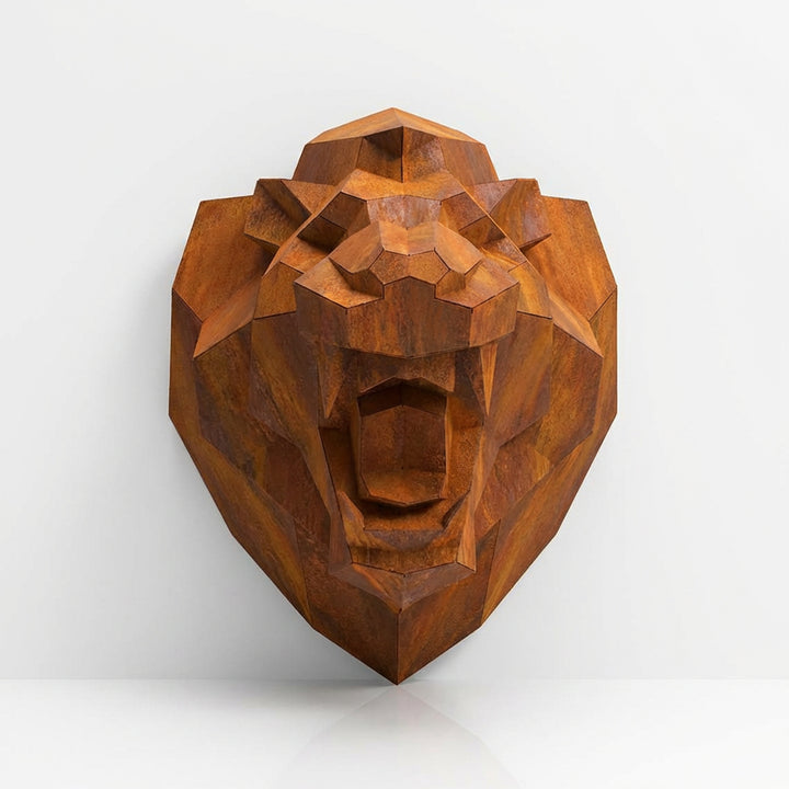 Sculpture Tête Lion Rugissante Facettée