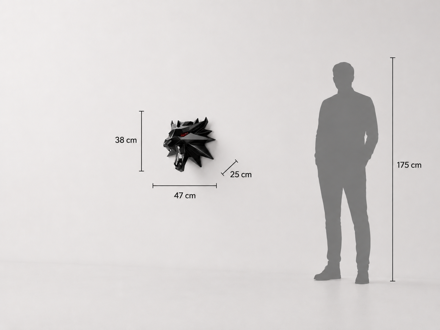 This visual presents the Faceted Wall-Mounted Wolf Head Sculpture in real scale, compared to a 175 cm human silhouette. With a height of 38 cm, this decorative wall sculpture creates a modern, expressive, and characterful presence. Its faceted design, inspired by polygonal art and origami style, highlights the wolf’s wild spirit, symbolic strength, and elegance, making it an ideal piece for living rooms, offices, reception halls, showrooms, design boutiques, hotels, art galleries, and high-end interior spaces.