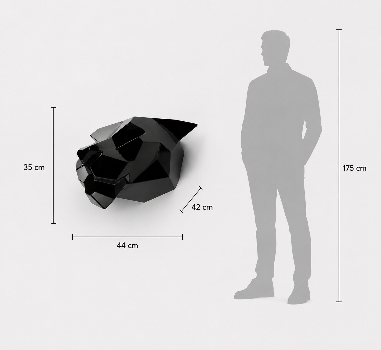 This visual presents the Faceted Wall-Mounted Panther Head Sculpture in real scale, compared to a 175 cm human silhouette. With a height of 35 cm, this decorative wall sculpture creates an elegant, modern, and expressive presence. Its faceted design, inspired by polygonal art and origami style, highlights the panther’s refined, mysterious, and powerful character, making it an ideal piece for living rooms, offices, reception halls, showrooms, design boutiques, hotels, art galleries, and high-end interior spaces.