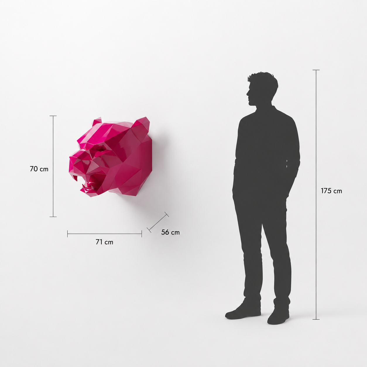 This visual presents the Black Panther Head Sculpture in real scale, compared to a 175 cm human silhouette. With a height of 70 cm, this decorative sculpture creates an elegant, mysterious, and distinctly contemporary presence. Its sculptural design highlights the refined appearance, quiet strength, and noble character of the black panther, making it an ideal piece for living rooms, offices, reception halls, showrooms, hotels, art galleries, and high-end interior spaces.
