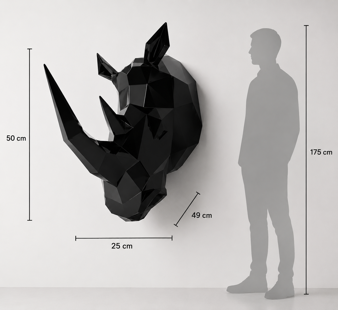 This visual presents the Faceted Rhinoceros Head Sculpture in real scale, compared to a 175 cm human silhouette. With a height of 50 cm, this decorative sculpture creates a powerful, modern, and sculptural presence. Its faceted design, inspired by polygonal art and origami style, highlights the rhinoceros’s strength, stability, and imposing character, making it an ideal piece for living rooms, offices, reception halls, showrooms, hotels, art galleries, and high-end interior spaces.