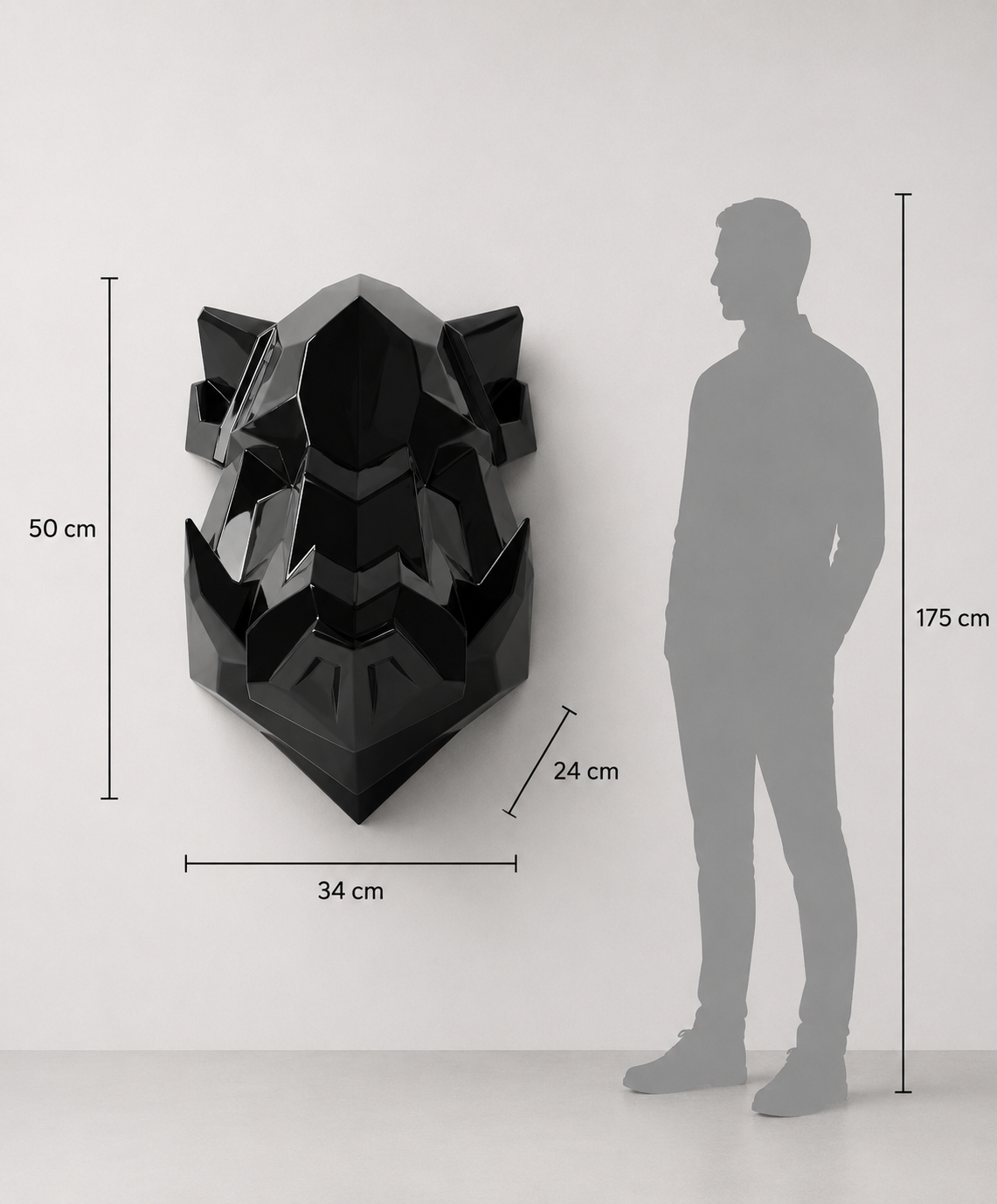 This visual presents the Faceted Wall-Mounted Wild Boar Head Sculpture in real scale, compared to a 175 cm human silhouette. With a height of 50 cm, this decorative wall sculpture creates a strong, wild, and contemporary presence. Its faceted design, inspired by polygonal art and origami style, highlights the wild boar’s robust character, natural energy, and expressive appearance, making it an ideal piece for living rooms, offices, reception halls, showrooms, hotels, art galleries, chalets, and high-end interior spaces.