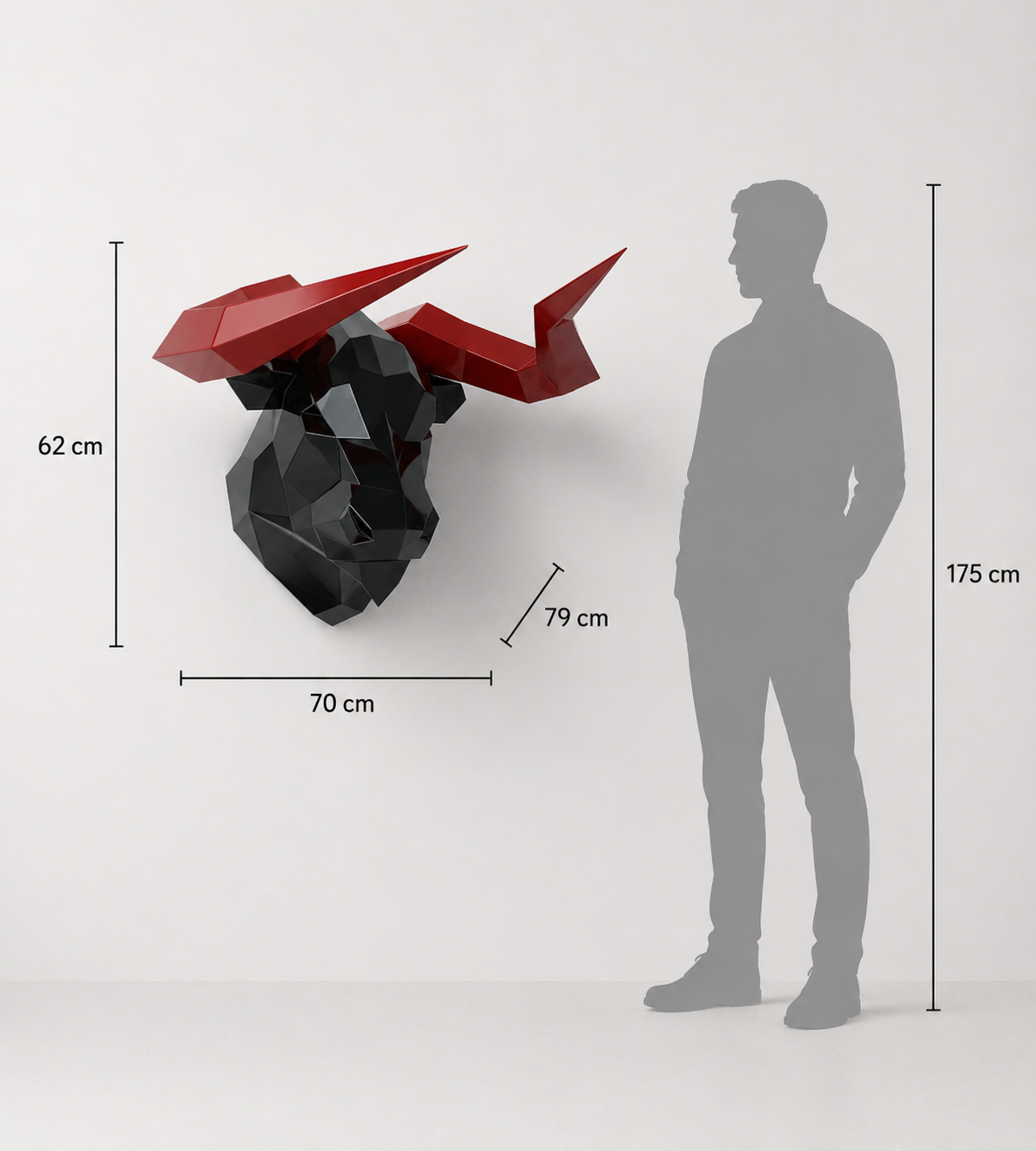 This visual presents the Faceted Wall-Mounted Bull Head Sculpture in real scale, compared to a 175 cm human silhouette. With a height of 62 cm, this decorative wall sculpture creates a powerful, elegant, and contemporary presence. Its faceted design, inspired by polygonal art and origami style, highlights the bull’s strength, determination, and symbolic character, making it an ideal piece for living rooms, offices, reception halls, showrooms, hotels, restaurants, art galleries, and high-end interior spaces.