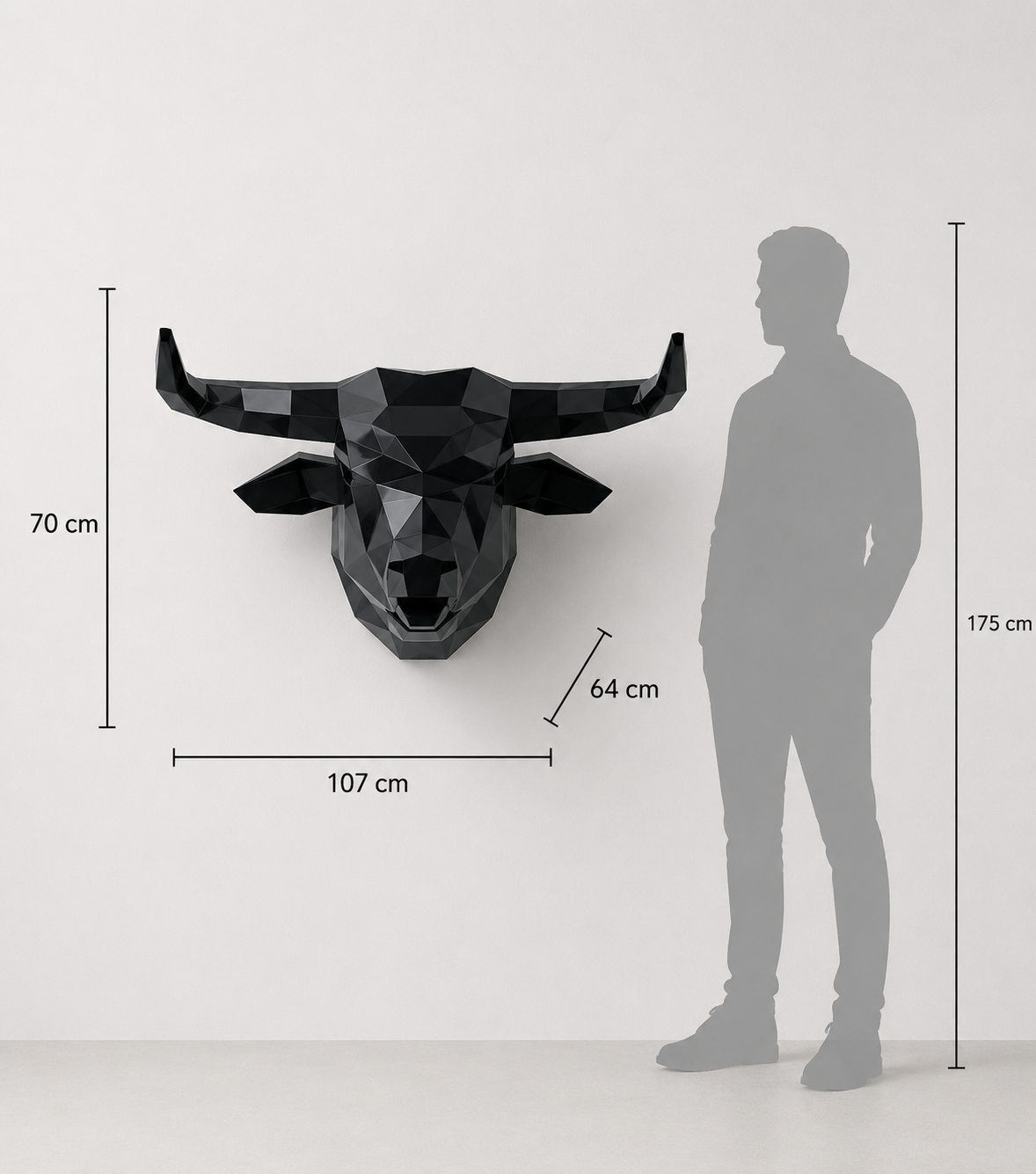 This visual presents the Polygon Bull Head Sculpture in real scale, compared to a 175 cm human silhouette. With a height of 70 cm, this decorative sculpture creates a powerful, elegant, and distinctly contemporary presence. Its faceted polygonal design, inspired by geometric art and origami style, highlights the bull’s strength, determination, and symbolic character, making it an ideal piece for living rooms, offices, reception halls, showrooms, hotels, restaurants, art galleries, and high-end interior spaces.
