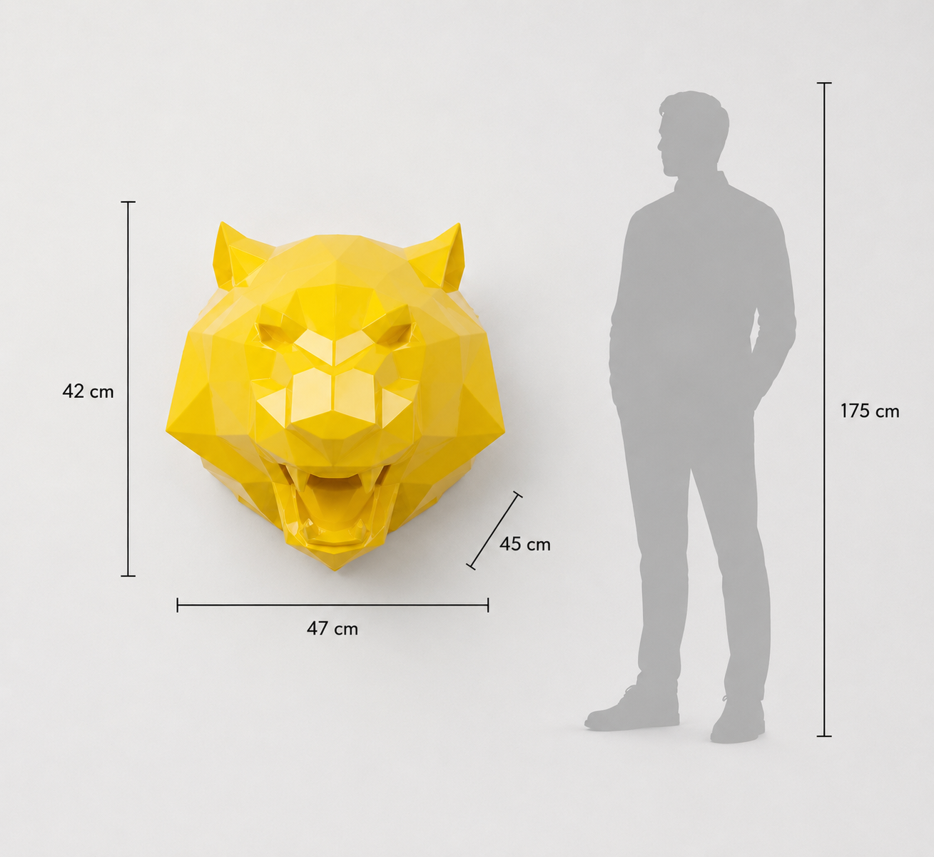 This visual presents the Roaring Tiger Head Design Sculpture in real scale, compared to a 175 cm human silhouette. With a height of 42 cm, this decorative sculpture creates an expressive, modern, and characterful presence. Its faceted design, inspired by polygonal art and origami style, highlights the energy of the roaring tiger and its symbolic strength, making it an ideal piece for living rooms, offices, reception halls, showrooms, design boutiques, hotels, art galleries, and high-end interior spaces.
