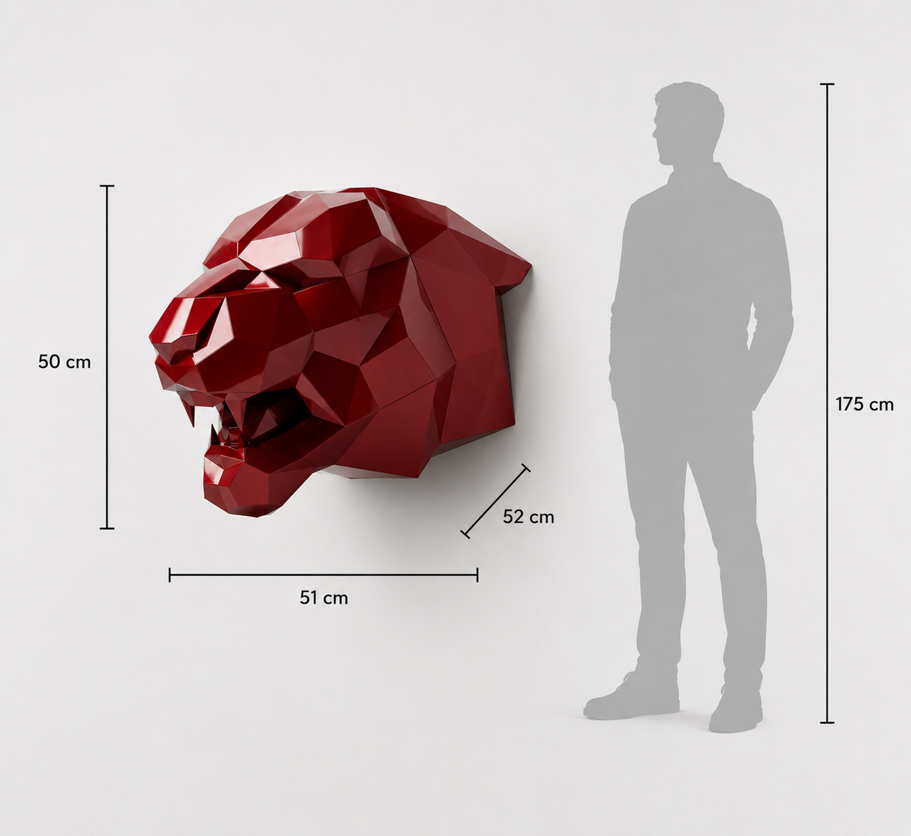 This visual presents the Faceted Roaring Tiger Head Sculpture in real scale, compared to a 175 cm human silhouette. With a height of 50 cm, this decorative sculpture creates a powerful, expressive, and contemporary presence. Its faceted design, inspired by polygonal art and origami style, highlights the intensity of the roaring tiger, its wild energy, and symbolic strength, making it an ideal piece for living rooms, offices, reception halls, showrooms, hotels, art galleries, and high-end interior spaces.