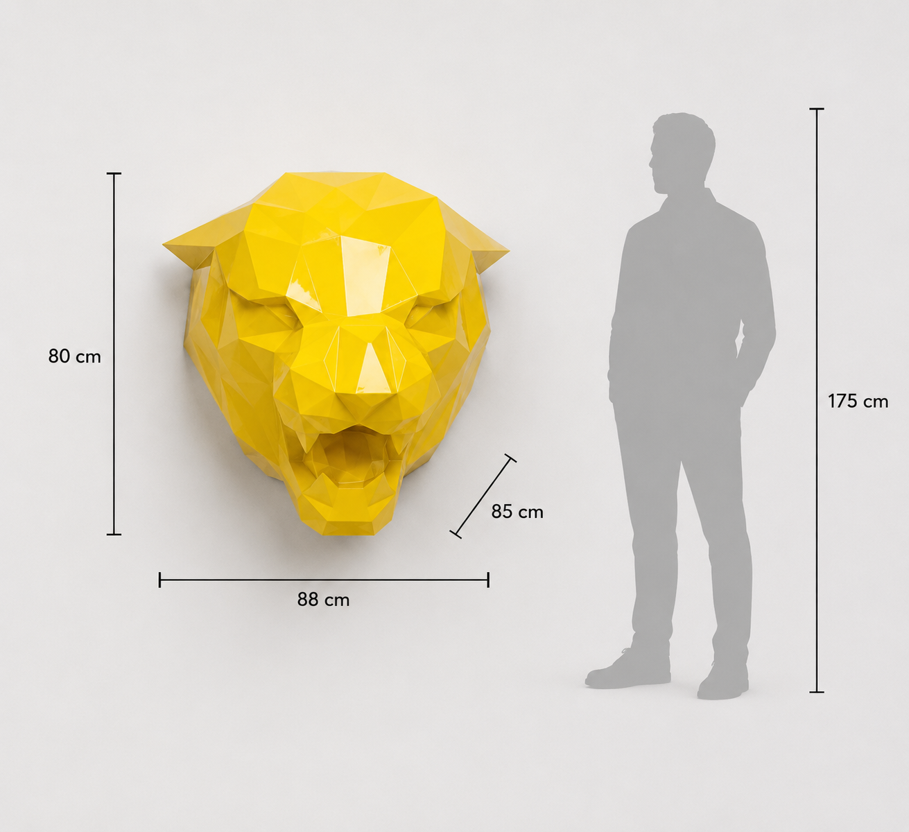 This visual presents the Geometric Tiger Head Sculpture in real scale, compared to a 175 cm human silhouette. With a height of 80 cm, this decorative sculpture creates a powerful, wild, and distinctly contemporary presence. Its faceted geometric design, inspired by polygonal art and origami style, highlights the tiger’s intense expression and symbolic strength, making it an ideal piece for living rooms, offices, reception halls, showrooms, hotels, art galleries, and high-end interior spac