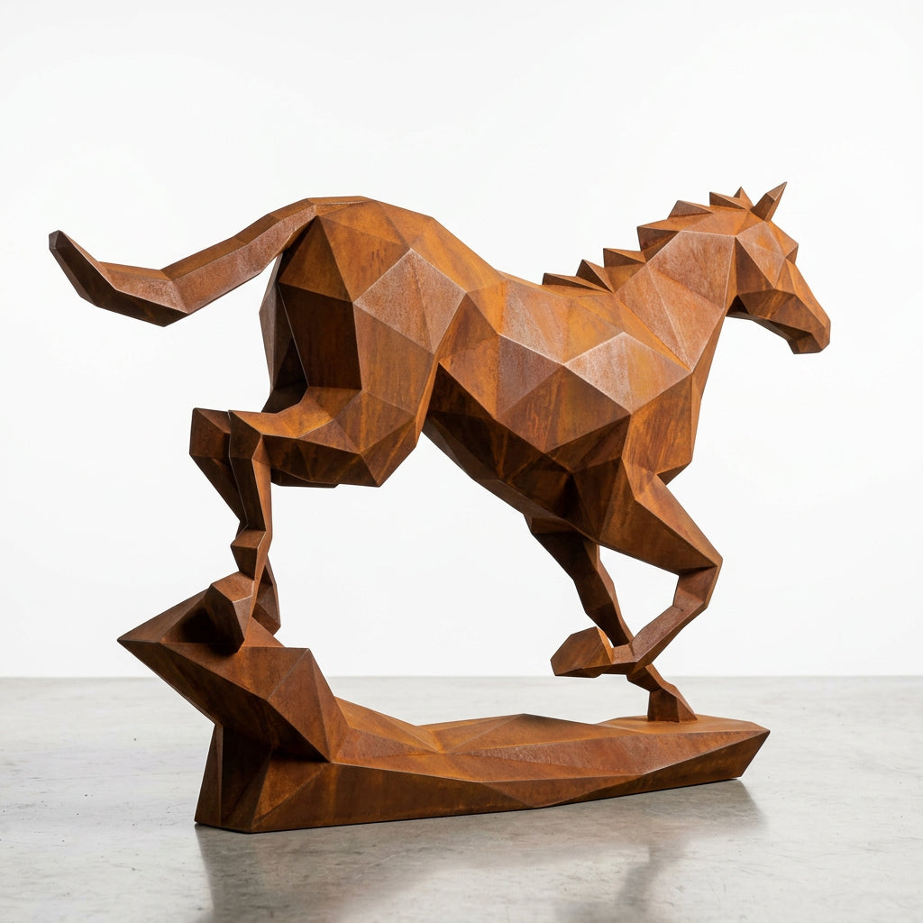 Grande Sculpture Cheval Origami en Corten - Sculpture Origami
