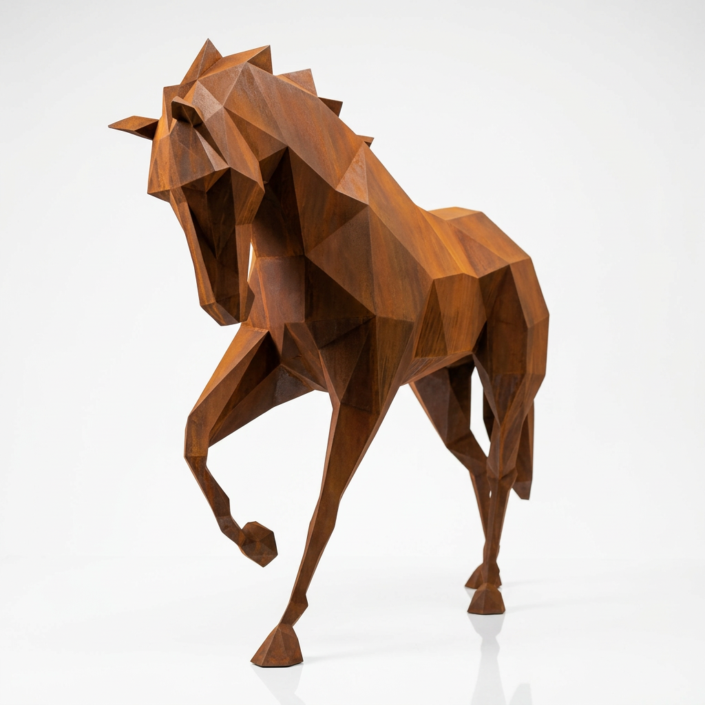 Grande Sculpture Cheval Polygone en Corten - Sculpture Origami