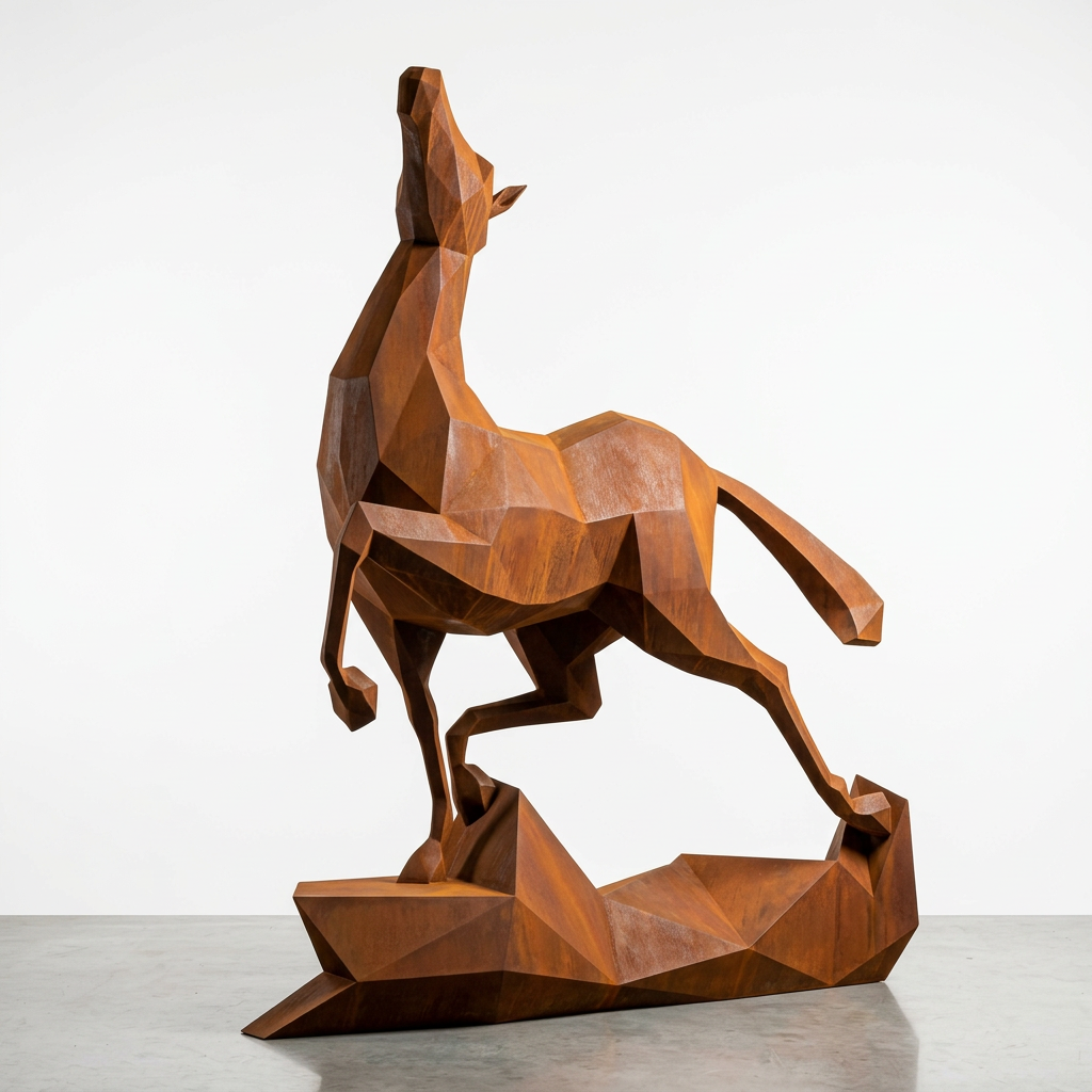 Grande Sculpture Cheval Polygone Métallique en Corten - Sculpture Origami