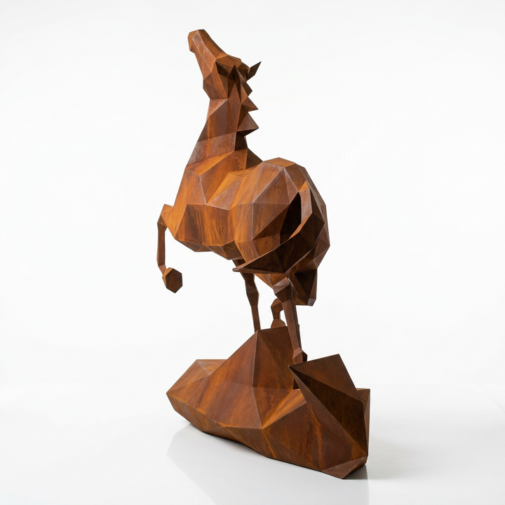 Grande Sculpture Cheval Polygone Métallique en Corten - Sculpture Origami