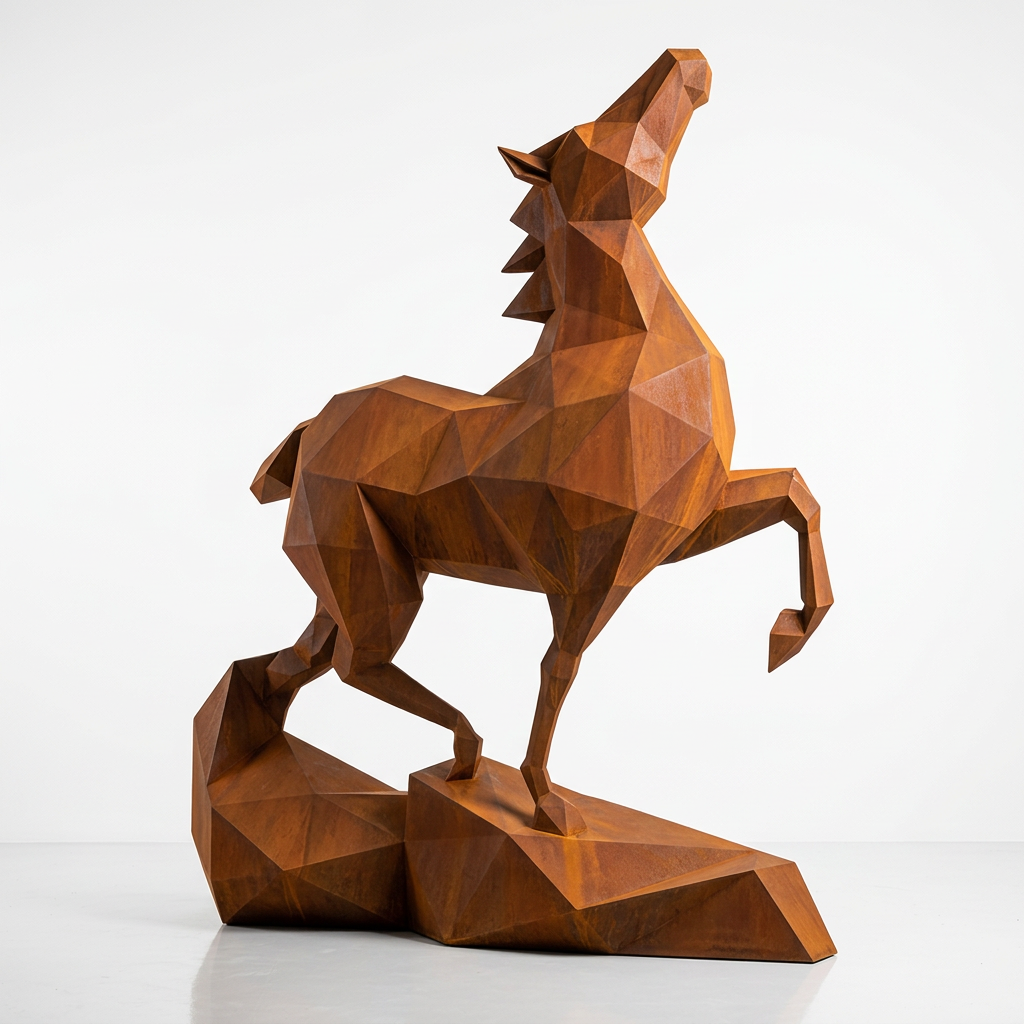 Grande Sculpture Cheval Polygone Métallique en Corten - Sculpture Origami