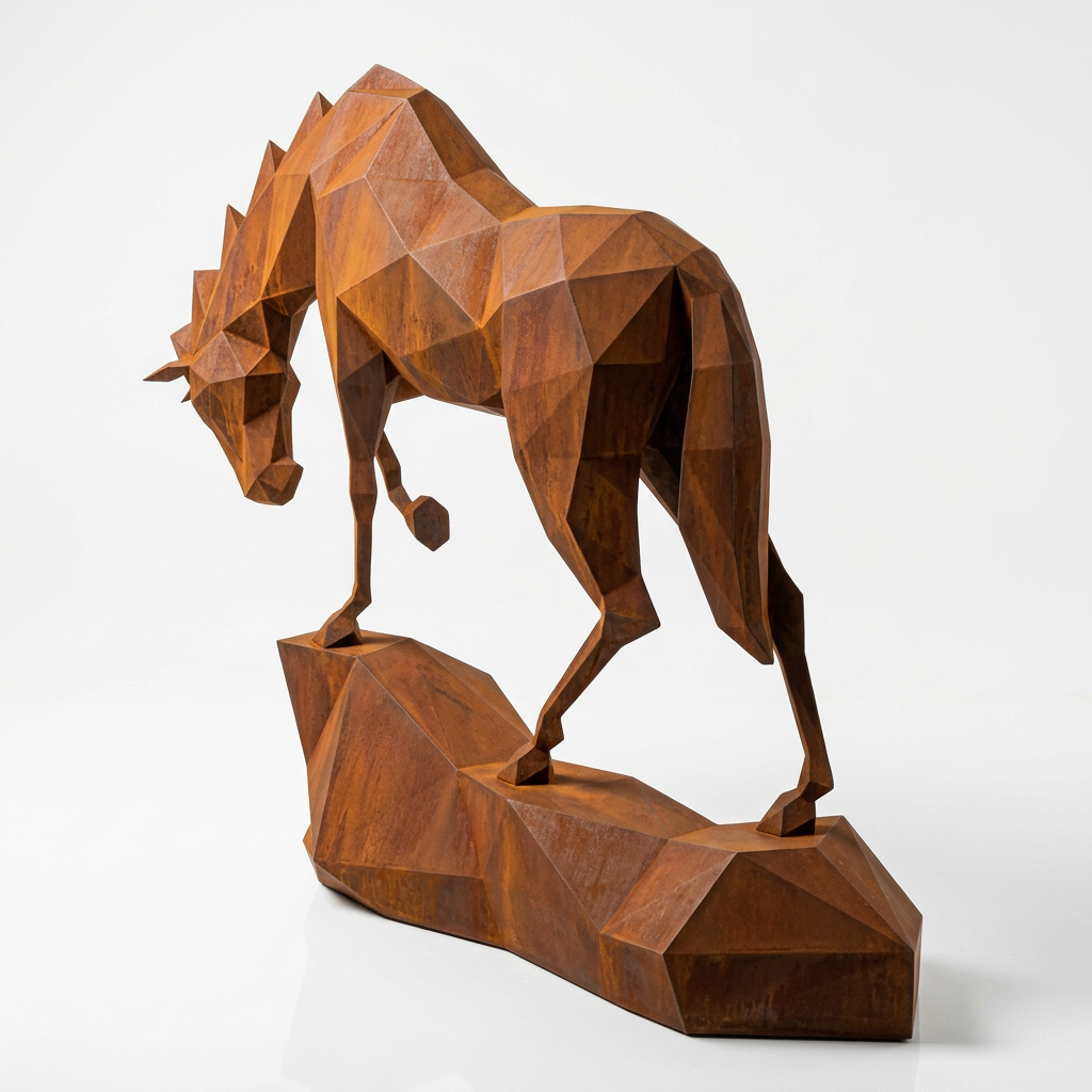 Grande Sculpture cheval Polygone  en Corten - Sculpture Origami