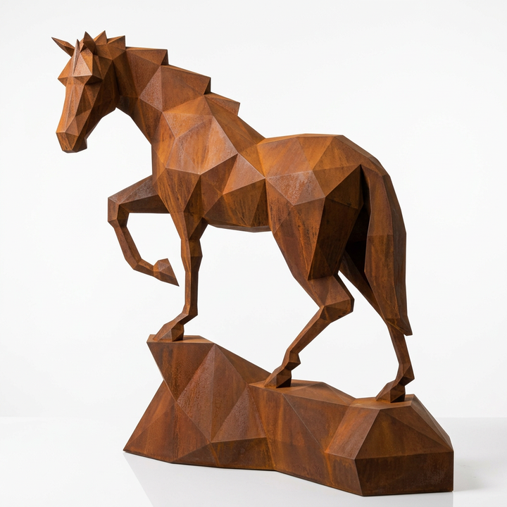Grande Sculpture Origami Cheval Métallique en Corten - Sculpture Origami
