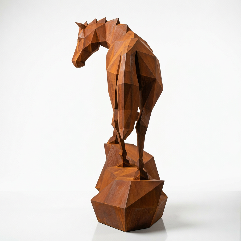 Grande Sculpture Origami Cheval Métallique en Corten - Sculpture Origami