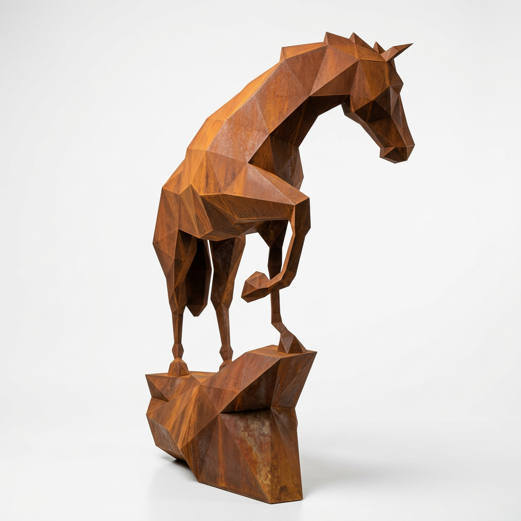 Grande Sculpture Origami Cheval Métallique en Corten - Sculpture Origami