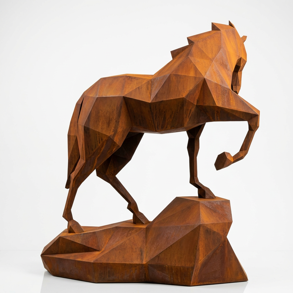 Grande Sculpture Origami Cheval Métallique en Corten - Sculpture Origami