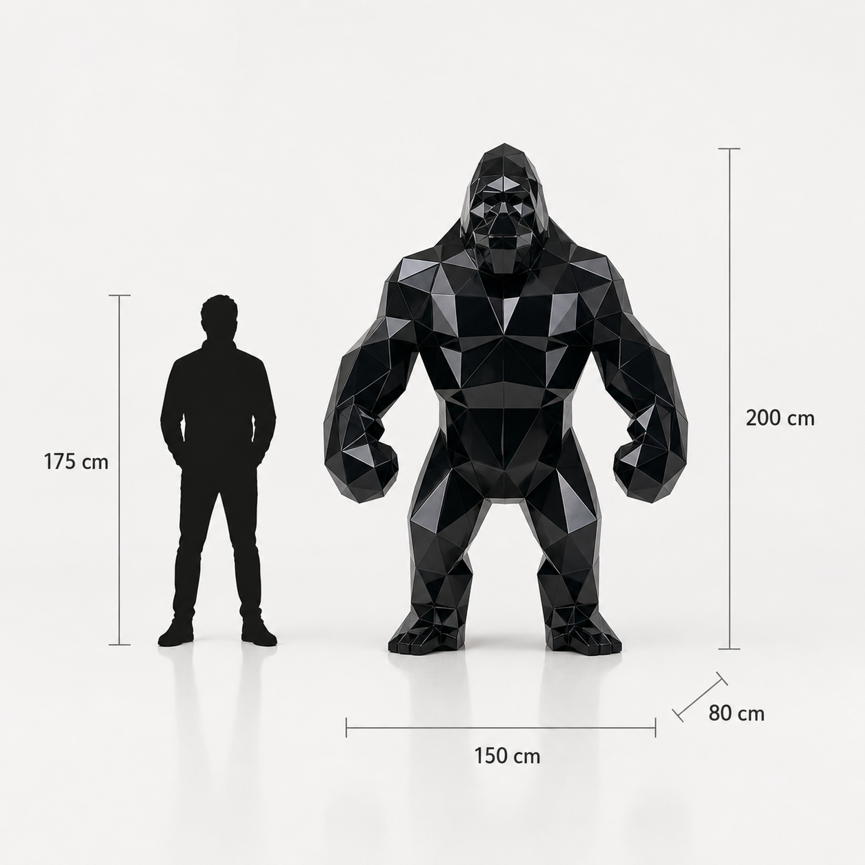 This visual presents the Large Geometric Gorilla Statue in real scale, compared to a 175 cm human silhouette. With a height of 200 cm, this monumental gorilla sculpture creates a powerful, modern, and impressive presence. Its faceted design, inspired by polygonal art and origami style, makes it a strong decorative statement piece for villas, hotels, gardens, showrooms, reception halls, art galleries, and premium entrances.