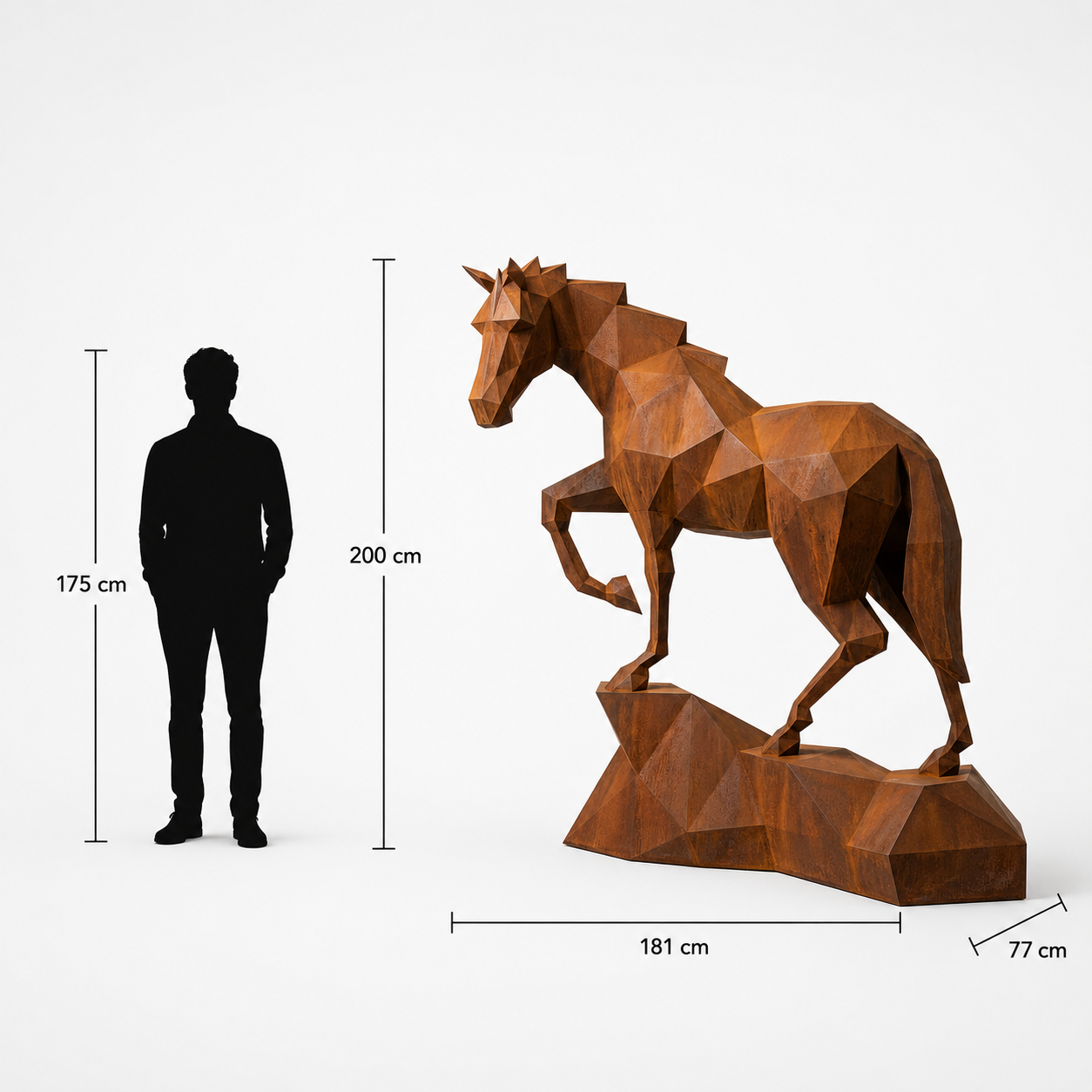 This visual presents the Large Origami Horse Sculpture in real scale, compared to a 175 cm human silhouette. With a height of 200 cm, this monumental horse sculpture creates an elegant, majestic, and contemporary presence. Its faceted design, inspired by origami art and polygonal style, makes it an exceptional decorative statement piece for villas, hotels, gardens, showrooms, reception halls, equestrian centers, art galleries, and premium entrances.
