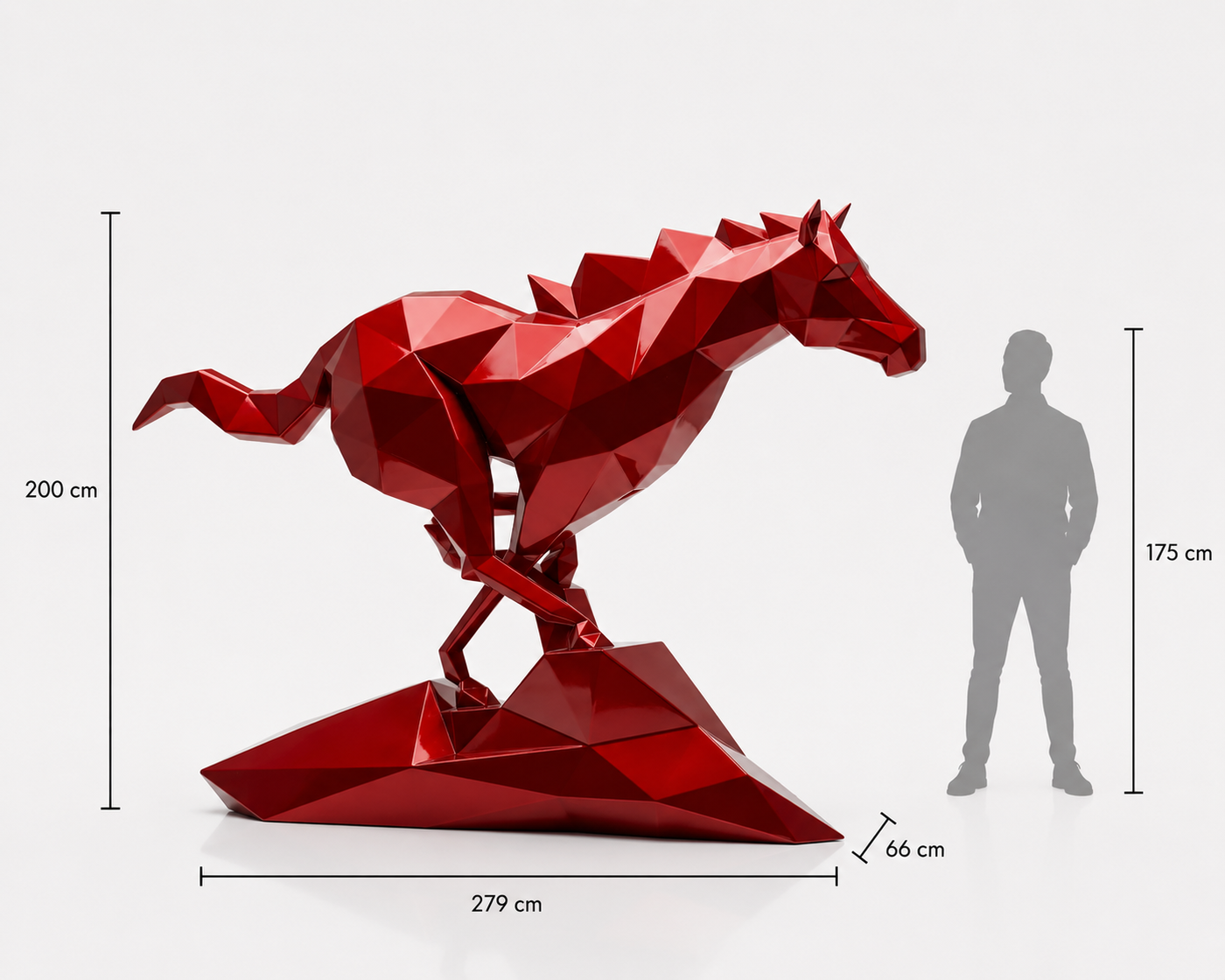 This visual presents the Large Polygon Horse Sculpture in real scale, compared to a 175 cm human silhouette. With a height of 200 cm, this monumental horse sculpture creates an elegant, noble, and contemporary presence. Its faceted design, inspired by polygonal art and origami style, makes it an ideal decorative statement piece for villas, hotels, gardens, showrooms, reception halls, equestrian centers, art galleries, and premium entrances.