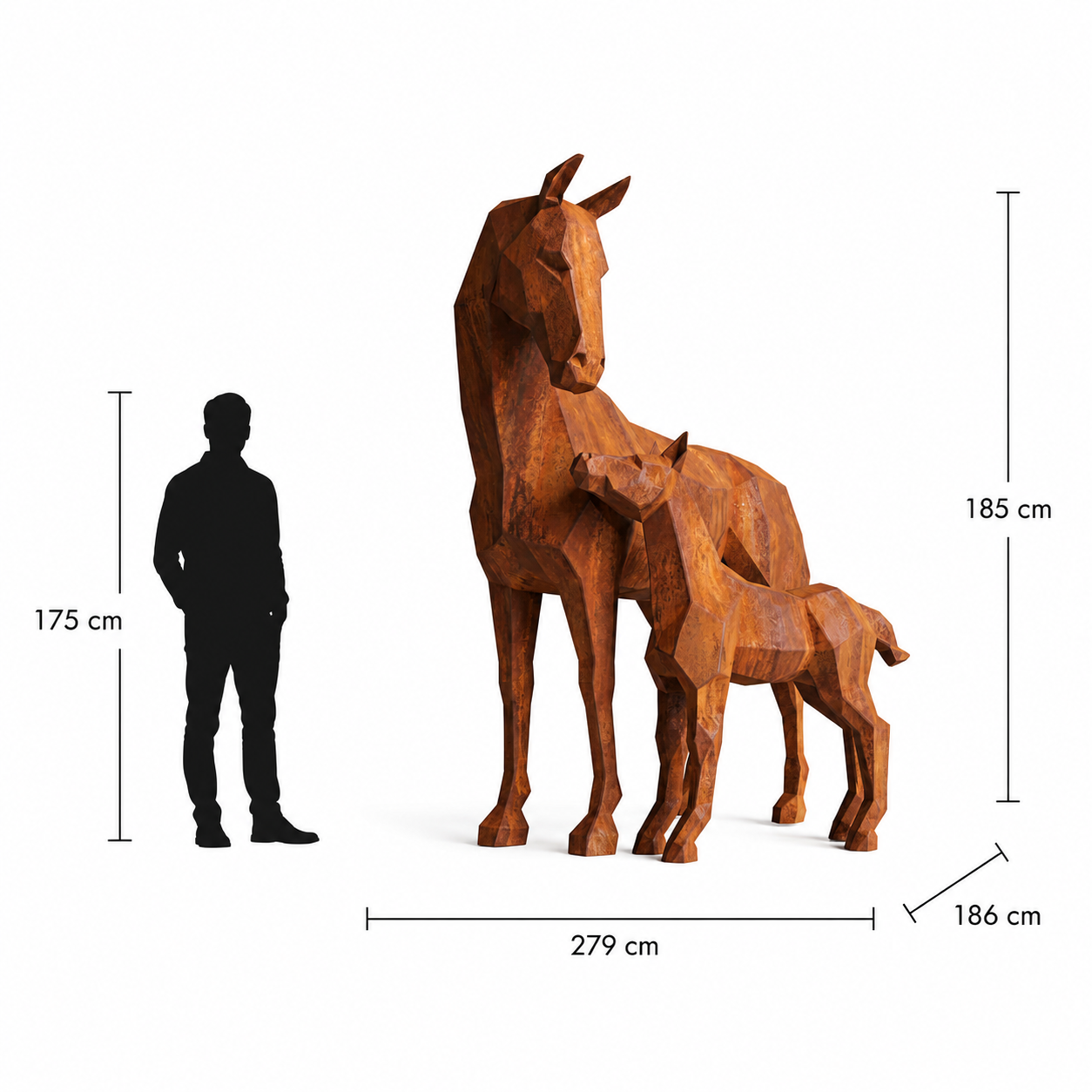 This visual presents the Large Horse and Foal Sculpture in real scale, compared to a 175 cm human silhouette. With a height of 185 cm, this monumental sculpture expresses elegance, tenderness, and the noble bond between the horse and its foal. Its contemporary sculptural design makes it a remarkable decorative statement piece for villas, hotels, gardens, showrooms, reception halls, equestrian centers, art galleries, and premium entrances.
