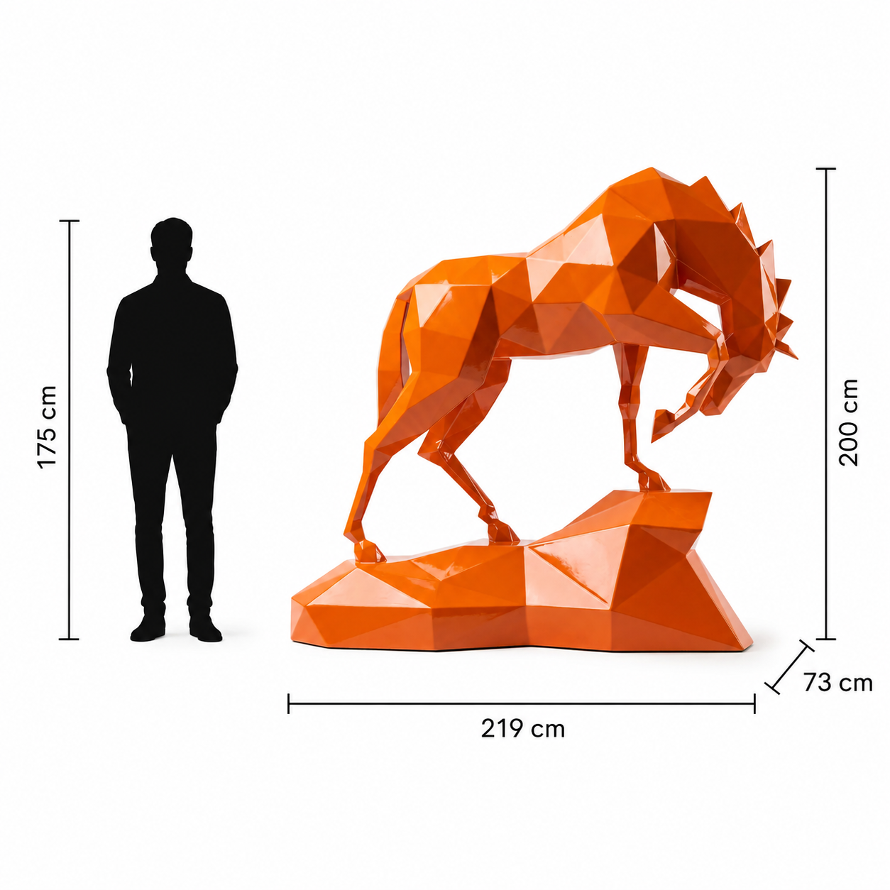This visual presents the Large Polygon Horse Sculpture in real scale, compared to a 175 cm human silhouette. With a height of 200 cm, this monumental horse sculpture creates an elegant, majestic, and contemporary presence. Its faceted design, inspired by polygonal art and origami style, makes it an ideal decorative statement piece for villas, hotels, gardens, showrooms, reception halls, equestrian centers, art galleries, and premium entrances.
