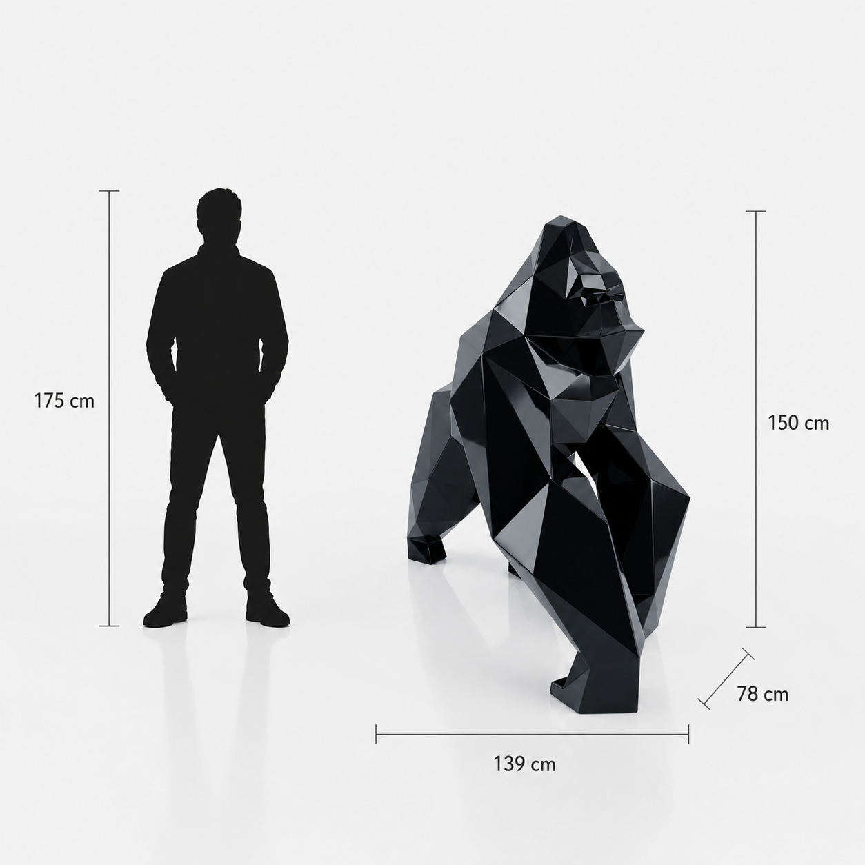 This visual presents the Large Faceted Gorilla Sculpture in real scale, compared to a 175 cm human silhouette. With a height of 150 cm, this gorilla sculpture creates a strong, modern, and well-balanced presence for both indoor and outdoor spaces. Its faceted design, inspired by polygonal art and origami style, makes it an ideal decorative statement piece for villas, hotels, gardens, terraces, showrooms, reception halls, art galleries, and premium entrances.